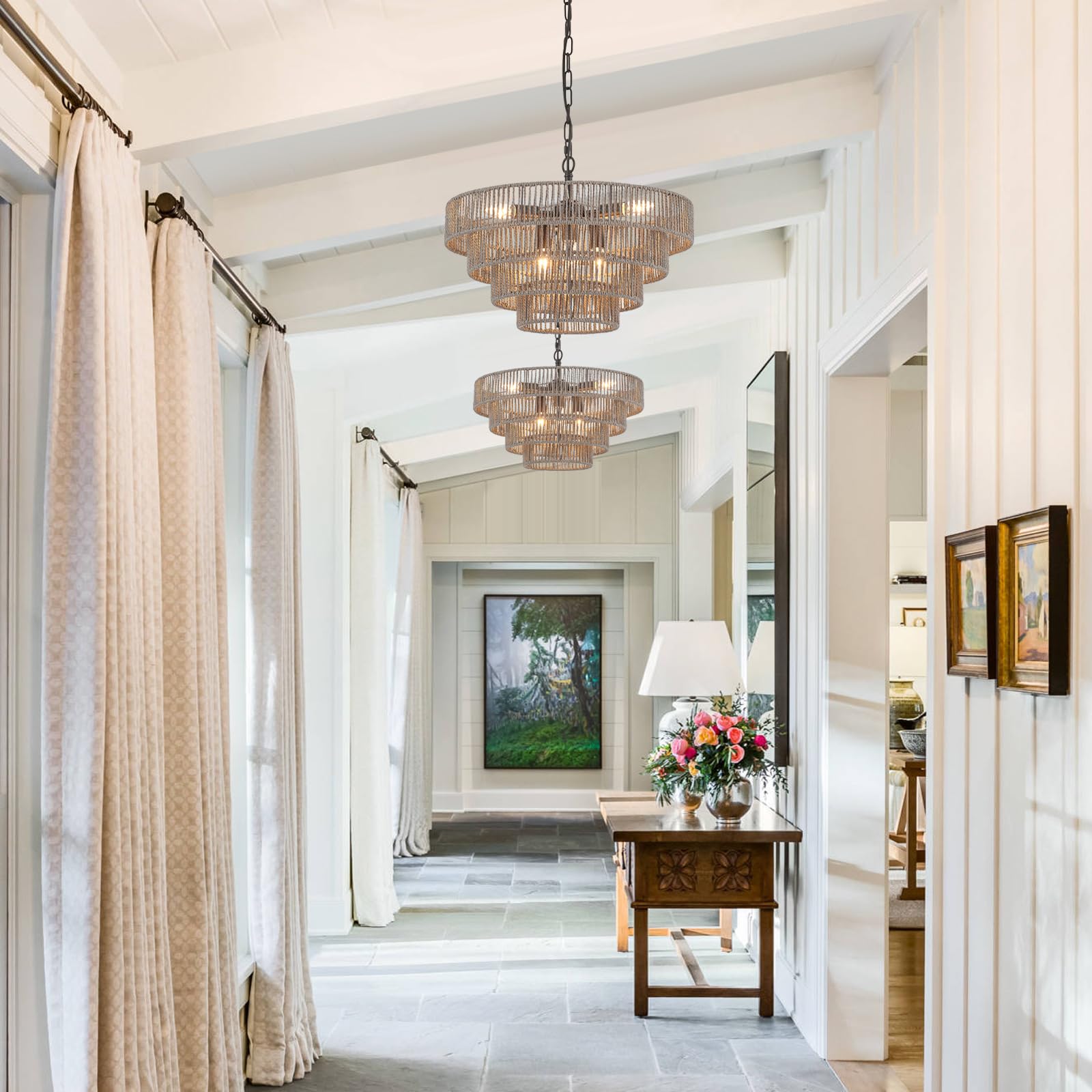 Elyccupa 20” Hand-Woven Rattan Chandelier 6-Lights Transitional Minimalist 4 Round Boho Large Coastal Pendant Light For Kitchen Island Dining Room Living Room Hallway, Gray, Ul Listed