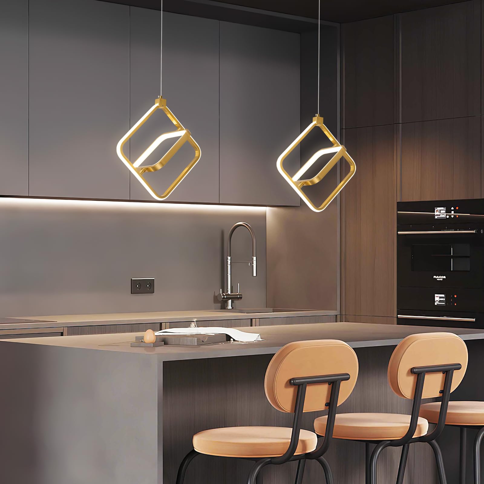 Bnhhlz Modern Led Chandelier Gold Rectangular Pendant Light Fixtures 4000K 20W Dimmable Height Adjustable Pendant Lighting For Dining Room Kitchen Island Bedroom Living Room Foyer(1-Pack)