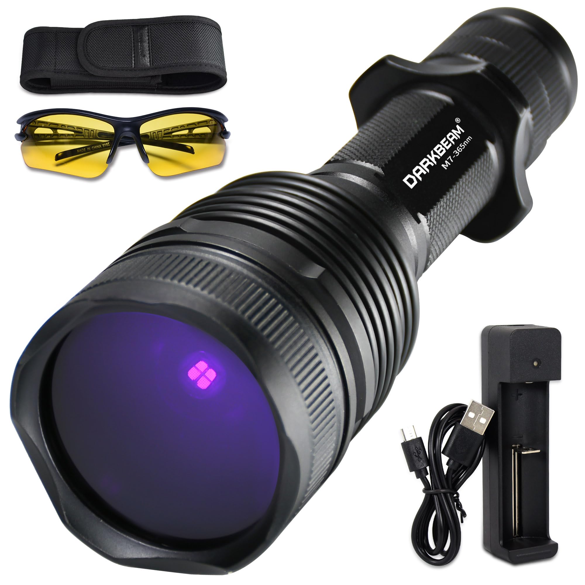 DARKBEAM UV Flashlight 365nm Black Light - Woods Lamp 20W High Power Rechargeable Ultraviolet Light with Filter - Detector for P