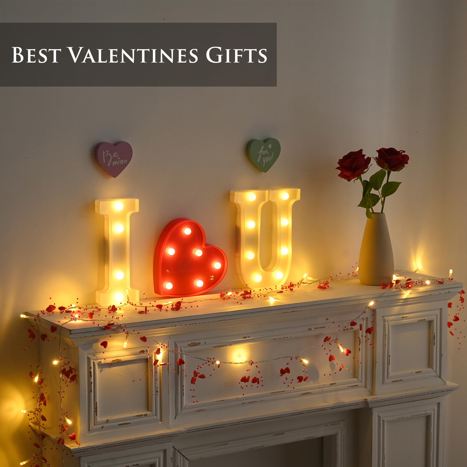 AOMOONOA [Timer] 10FT 30 LED Wedding Garland with Lights Red Heart Light String Battery Operated, Love Lights for Mantle, Firepl