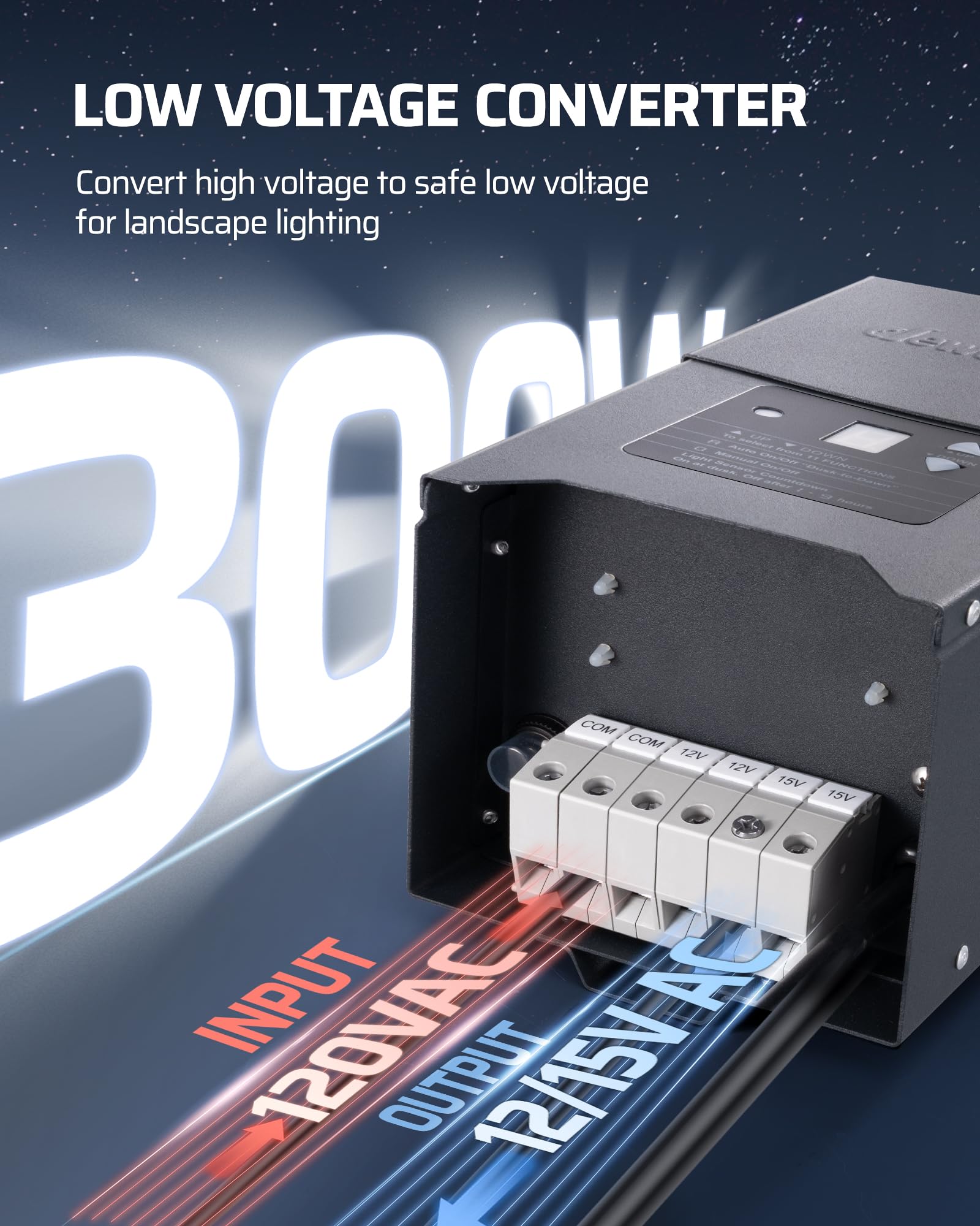 Dewenwils 300W Low Voltage Landscape Lighting Transformer, 120V To 12/15V Ac, Weatherproof Low Voltage Landscape Transformer With Photocell & Timer, Multi Zone Landscape Lighting Transformer