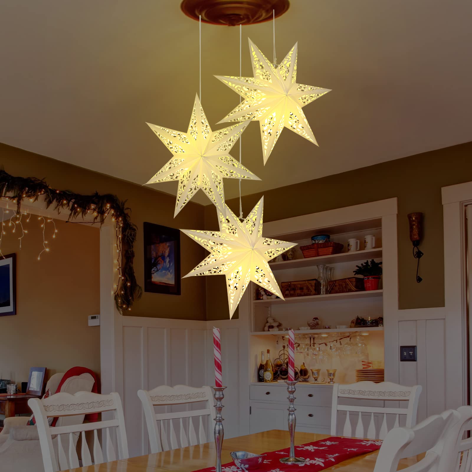 Kingdder Star Paper Lanterns with LED Light, 17.72 Inch, White Moroccan Design for Weddings, Christmas, and Birthday Decorations