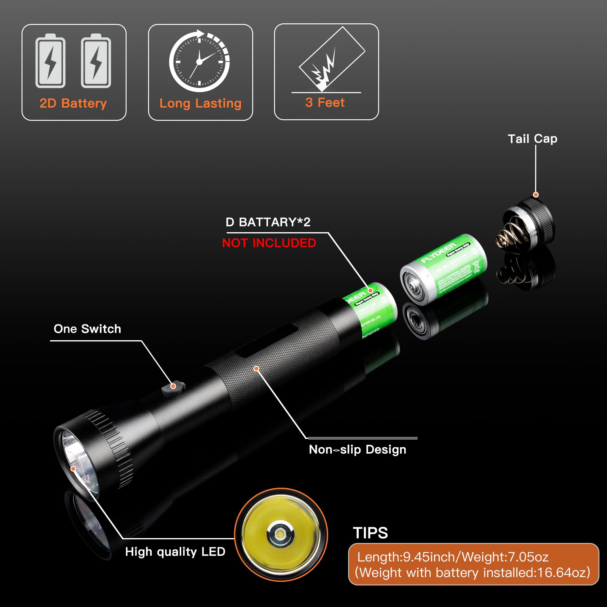 Kunhe 2D Cell Battery Big Flashlights,Single Mode,High Lumens,Aluminum, Heavy Duty Large Flashlight For Home Emergency Power Out