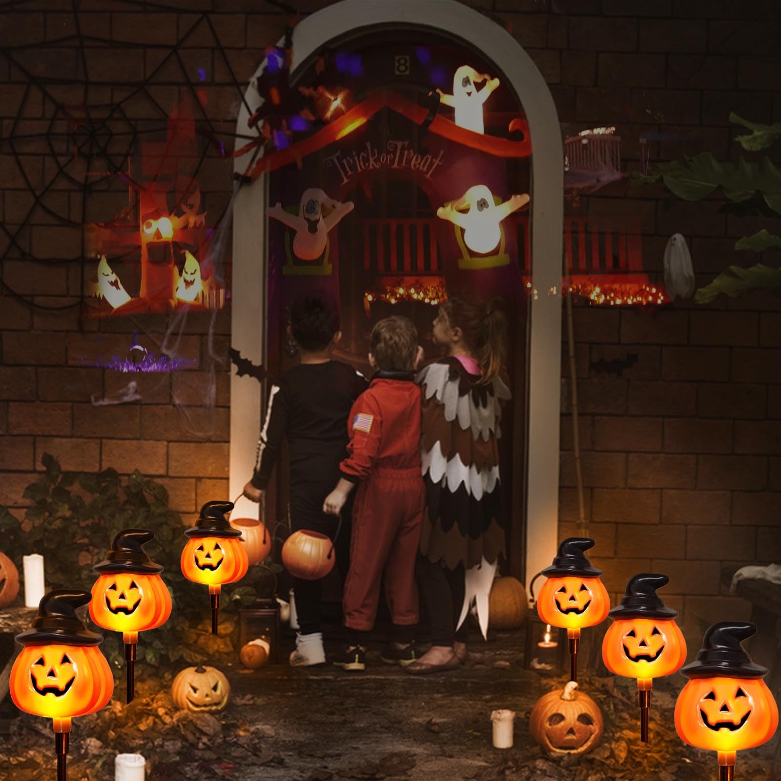 Awinking 6 Pack Solar Pumpkin Pathway Lights - Outdoor Halloween Decor, Orange Jack O Lanterns