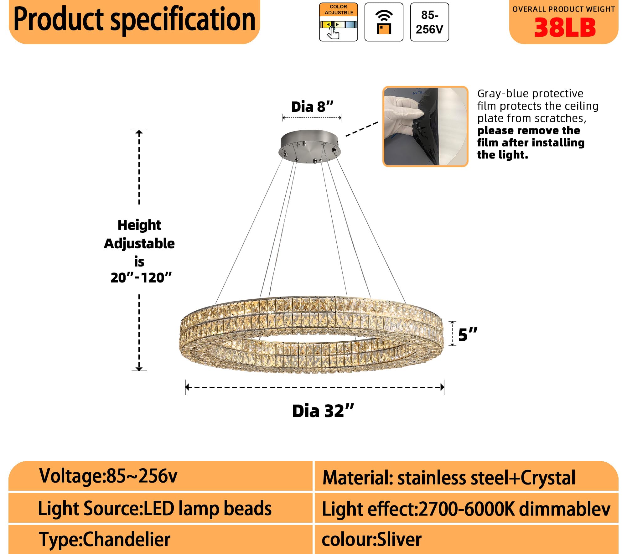 IDEQUY Modern Crystal Chandelier Pendant Light, 32" Adjustable Dimmable, Silver Stainless Steel & Crystal, Model CF8024-80Y