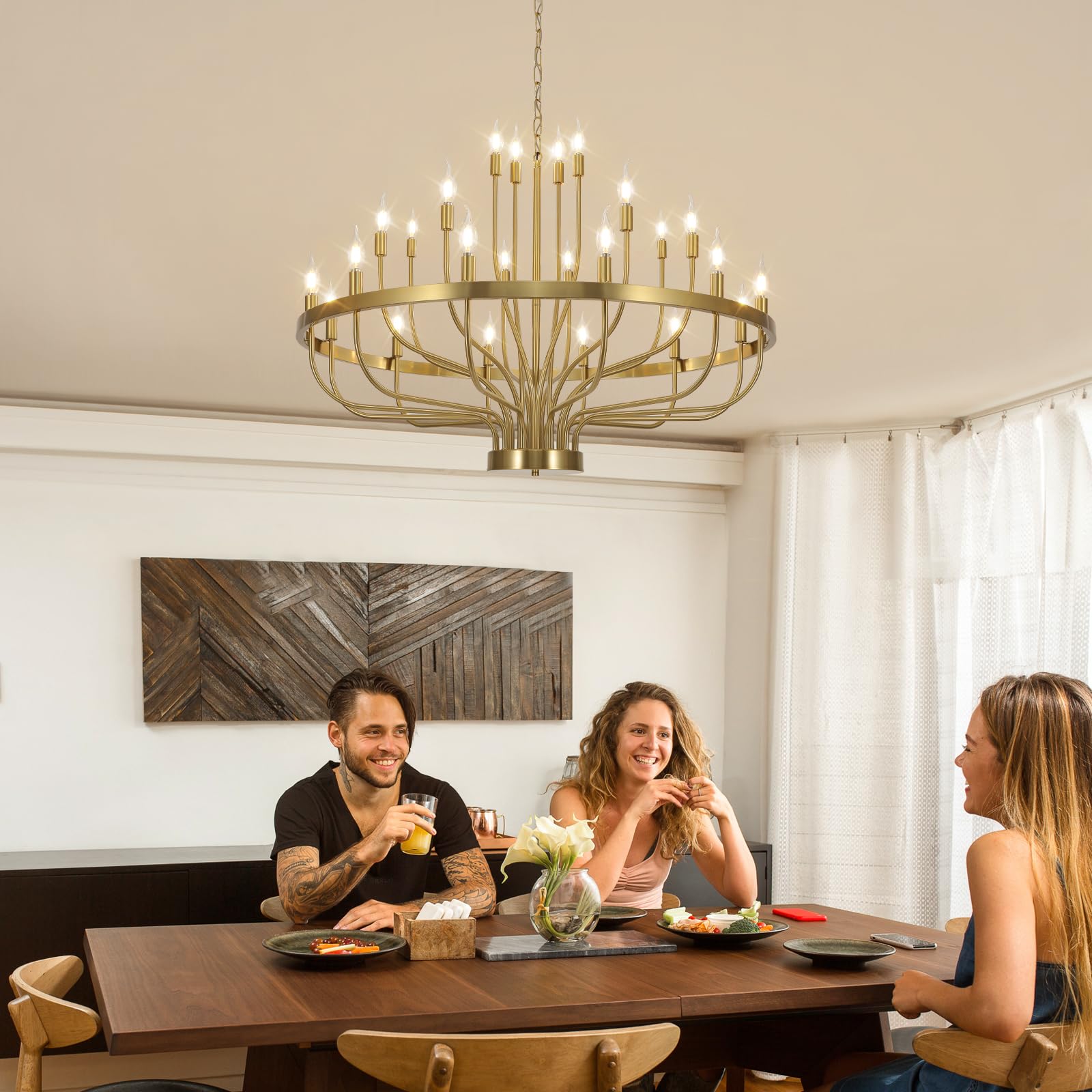 Gold Chandelier 24 Light Large Chandelier For High Ceilings, Farmhouse Wagon Wheel 39In 3-Tier For Dining Room, Hallway, Living