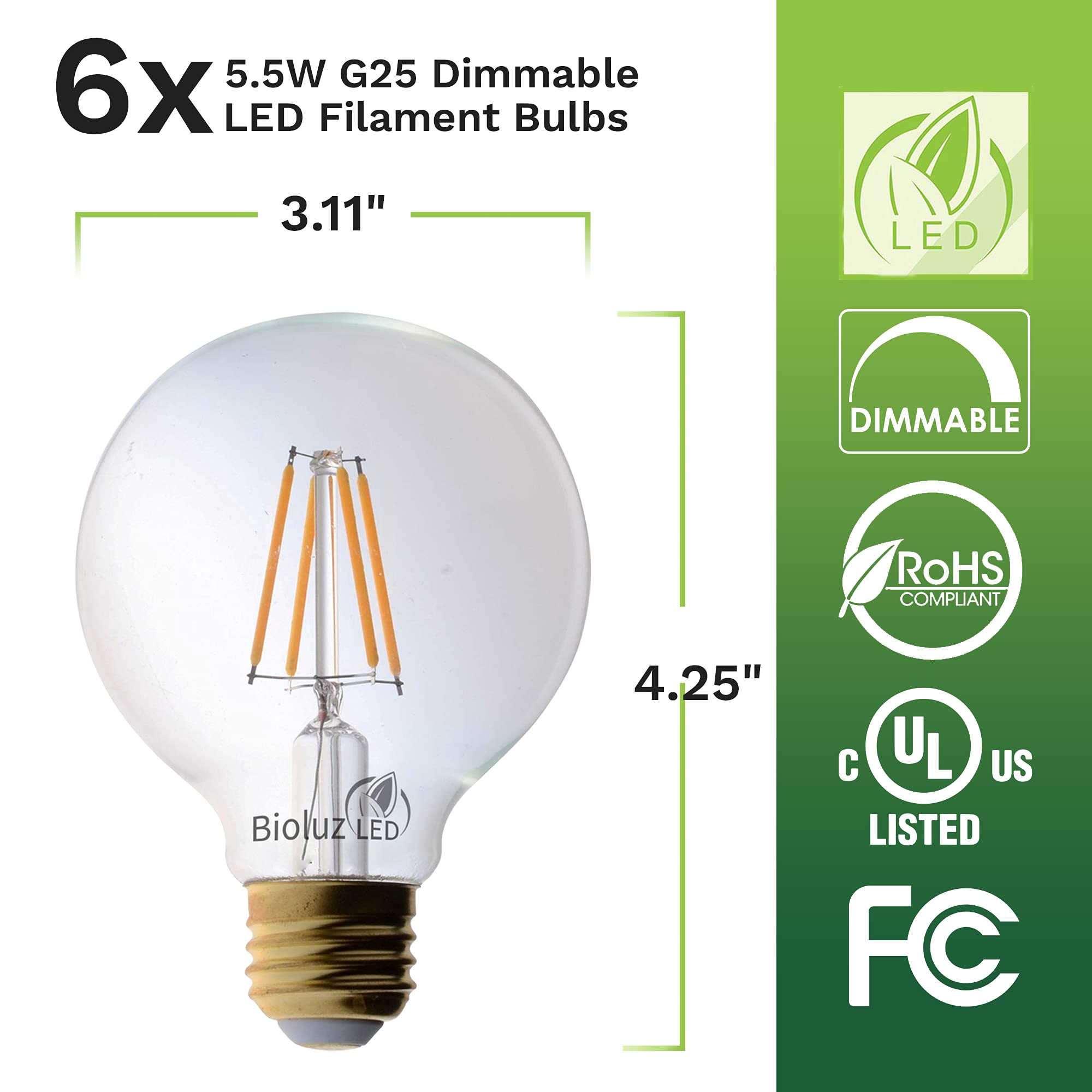 Bioluz Led 92 Cri G25 Globe Light Bulbs Clear Glass Filament 60W Replacement (Uses Only 5.5W) Vanity Light Bulbs For Bathroom Wa