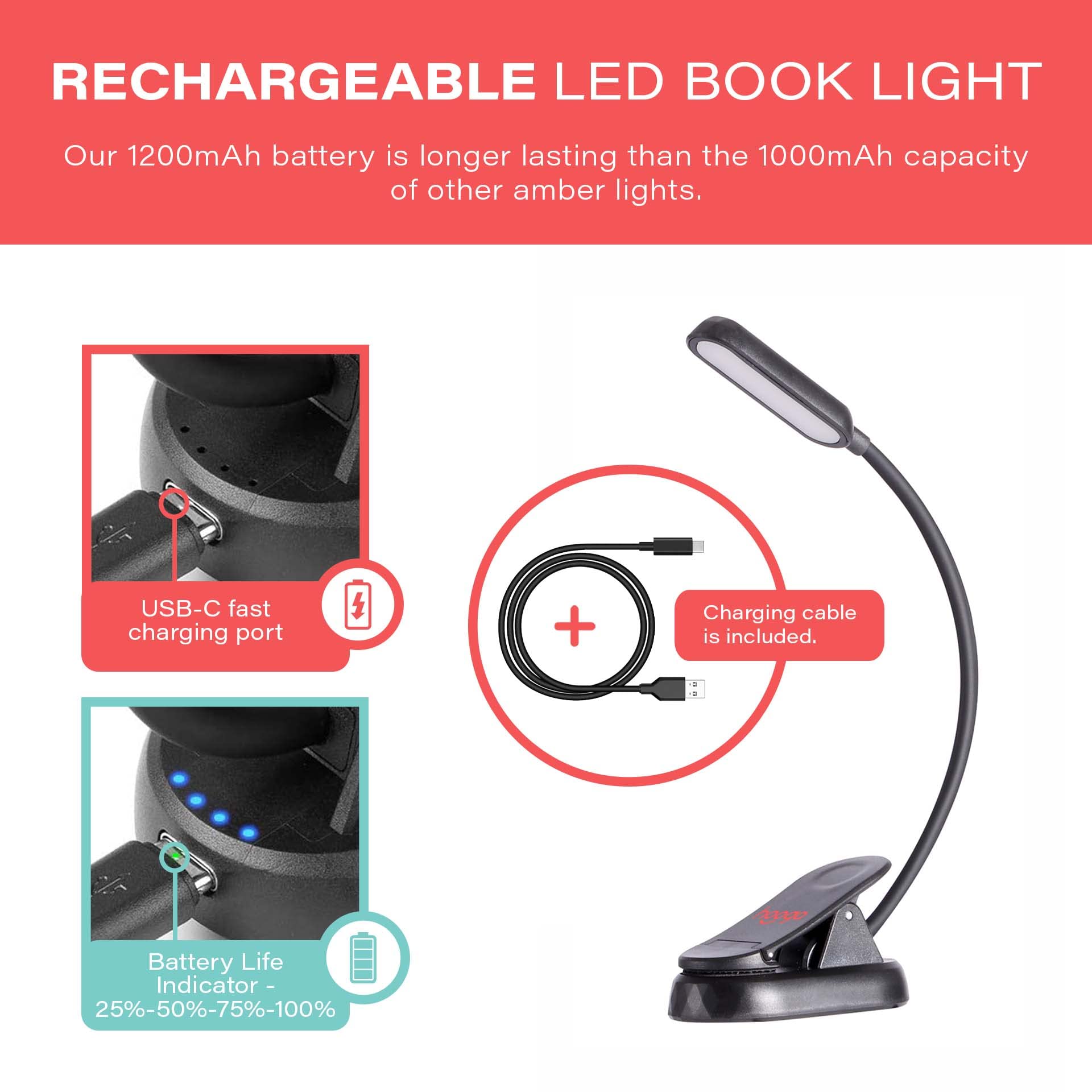 hooga Amber Book Light, Blue Light Blocking - Dual Mode Rechargeable Night Reading Light, 1600K Amber and 625nm Red for Reading