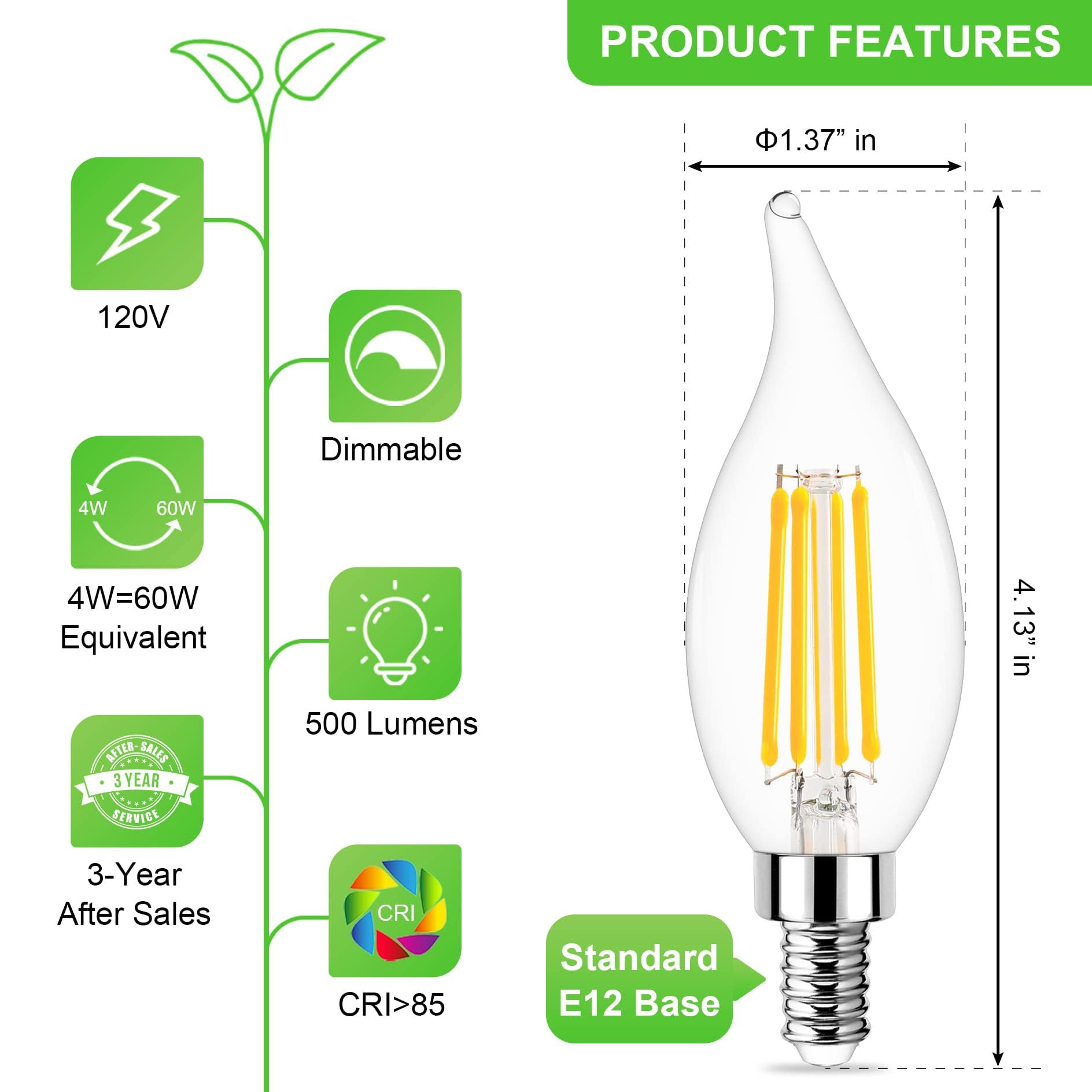 Sailstar Dimmable E12 Led Bulb 60 Watt Equivalent, Soft White 2700K, 500 Lumens, Candelabra Led Light Bulbs 4W, Ca10 Flame Tip C