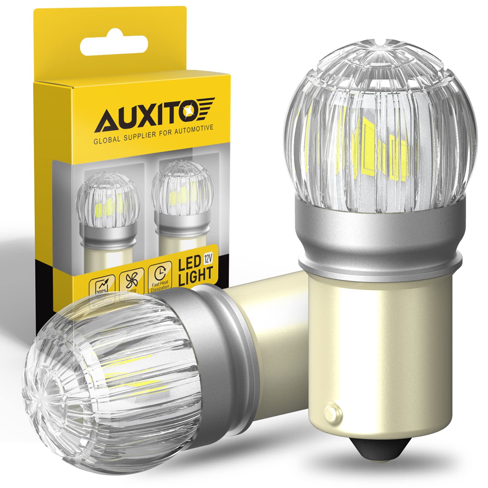 AUXITO 1156 LED Bulb, Super Bright, Low Power, Aluminum, White, Pack of 2, Model AUXITO-US6T1156W2-1214