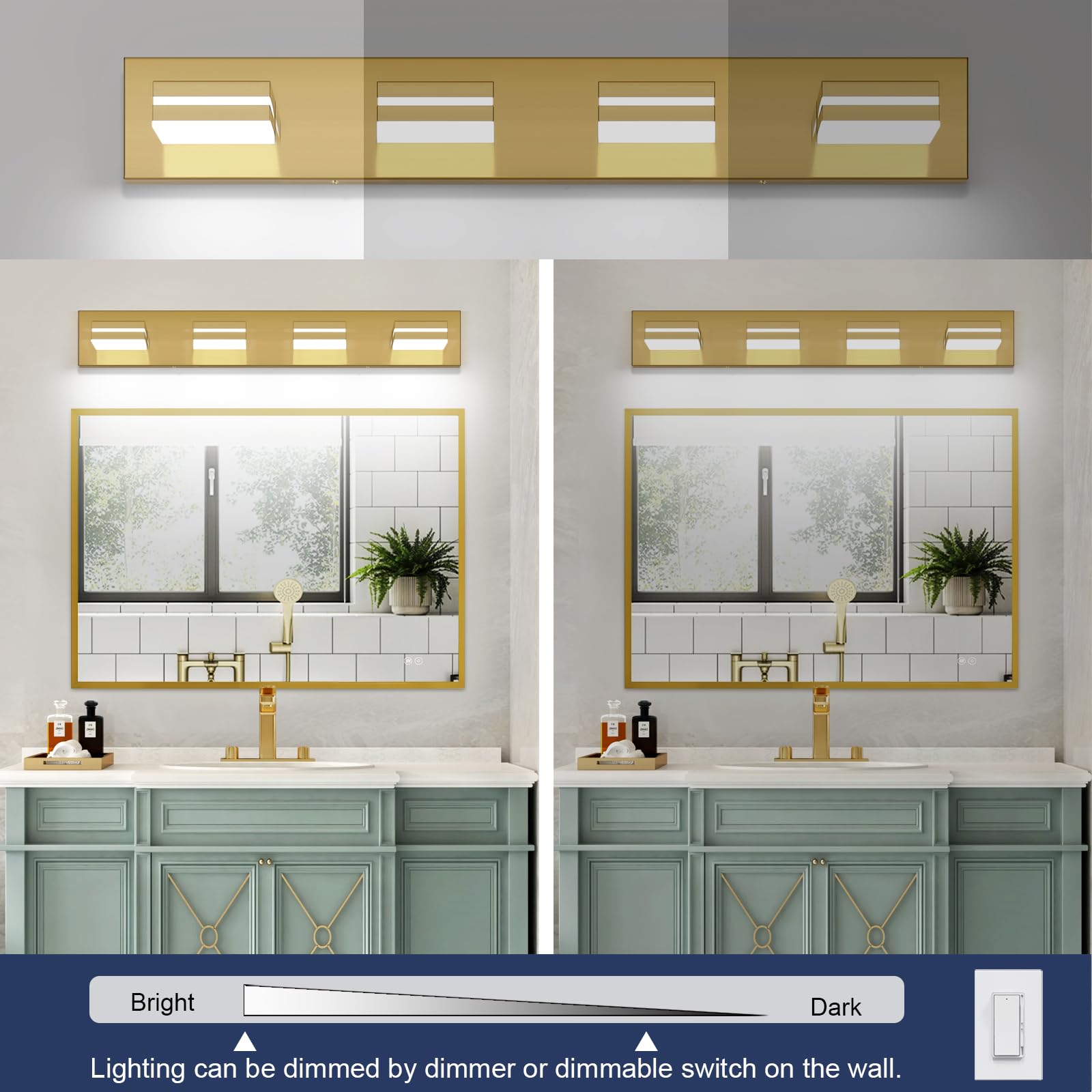 SineRise LED Bathroom Vanity Light Fixtures, 4-Light, 30-Inch, Dimmable, Brass, Stainless Steel, Model 47479f82-1e84-4952-