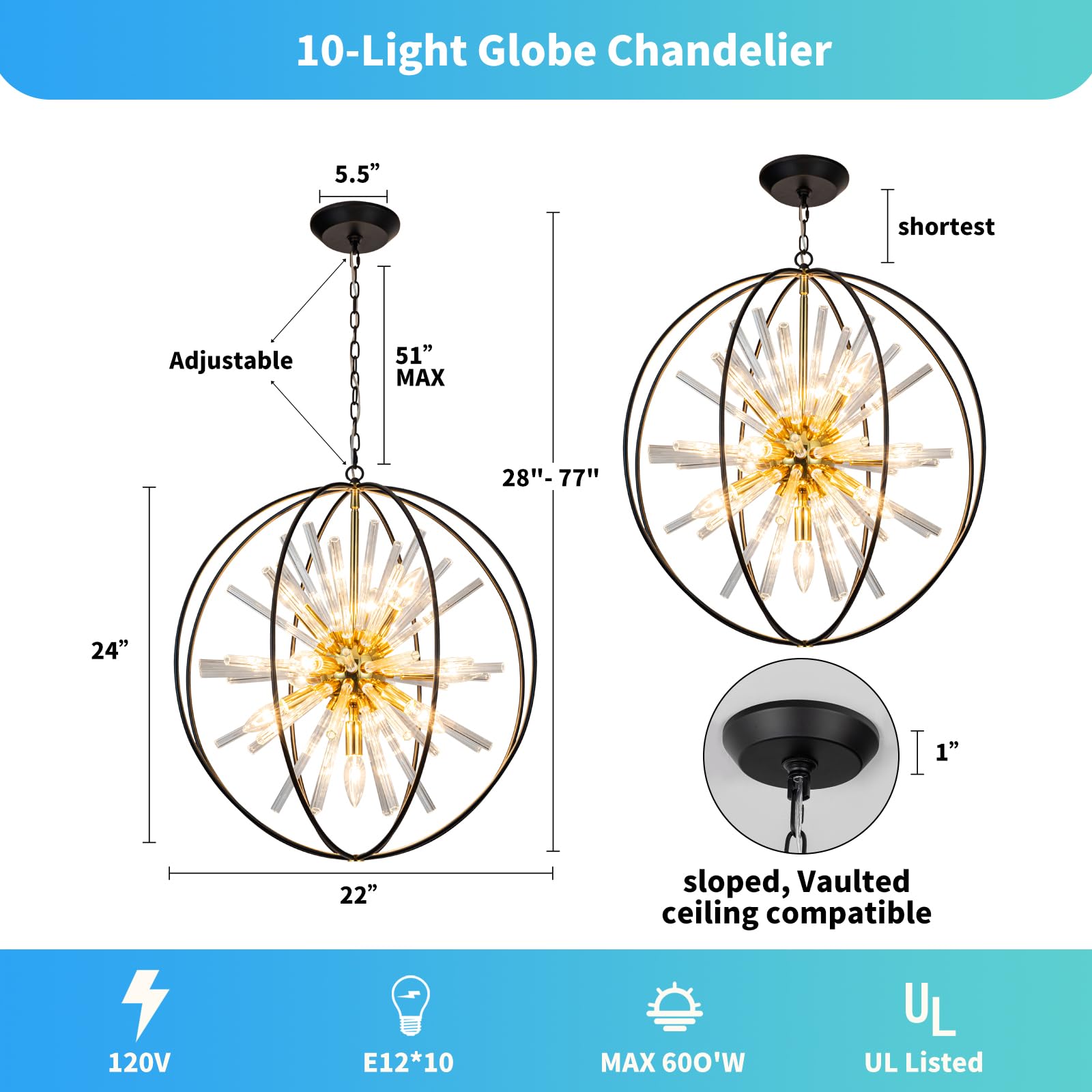 Vezzio 10-Light Black & Gold Crystal Chandelier Pendant Light Fixture D22" for Dining Room, Living Room, Bathroom, Bedroom, Hallway
