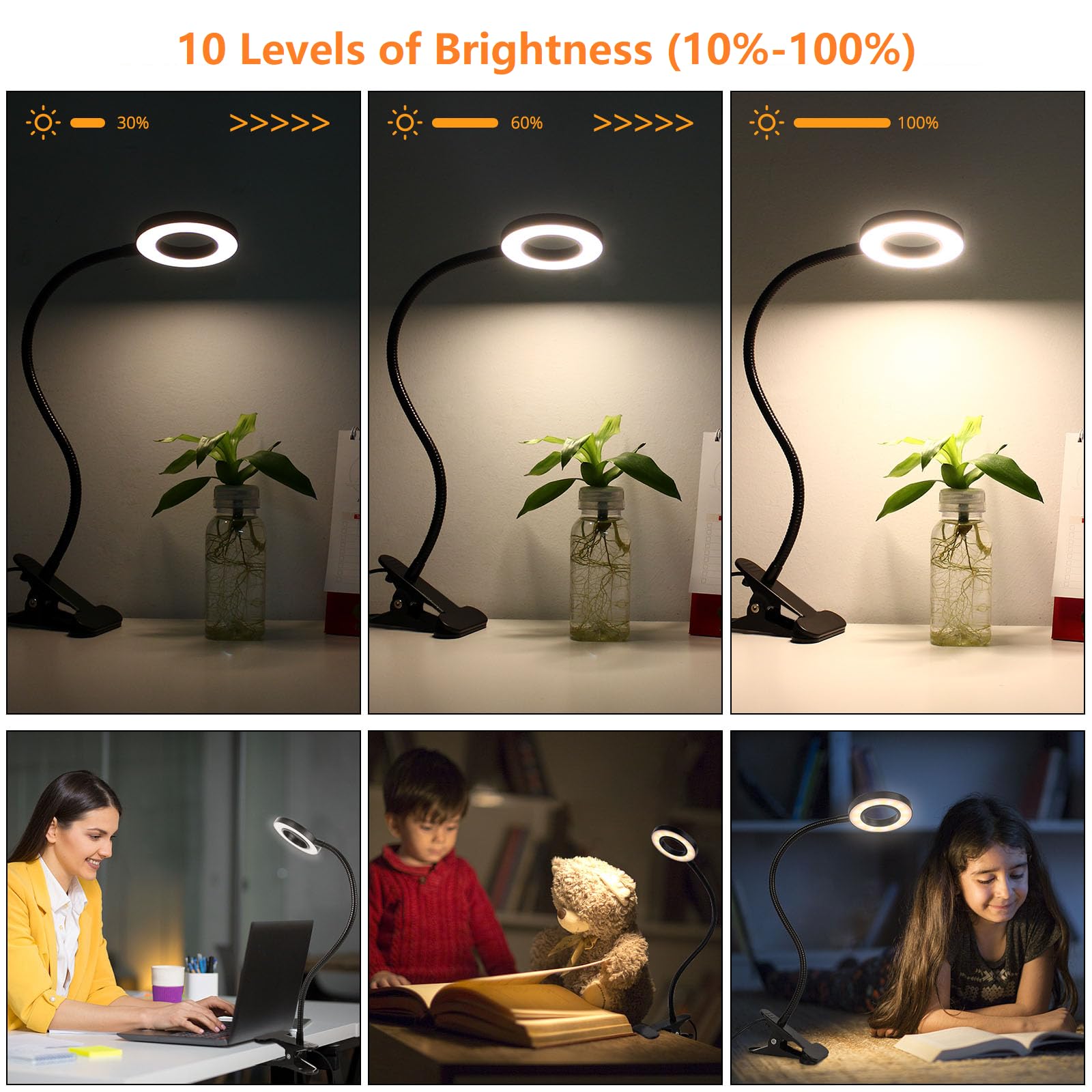 Woputne Desk Clip-On Lamp, 10 Dimmable Brightness Modes, Black Reading Light For Home Office