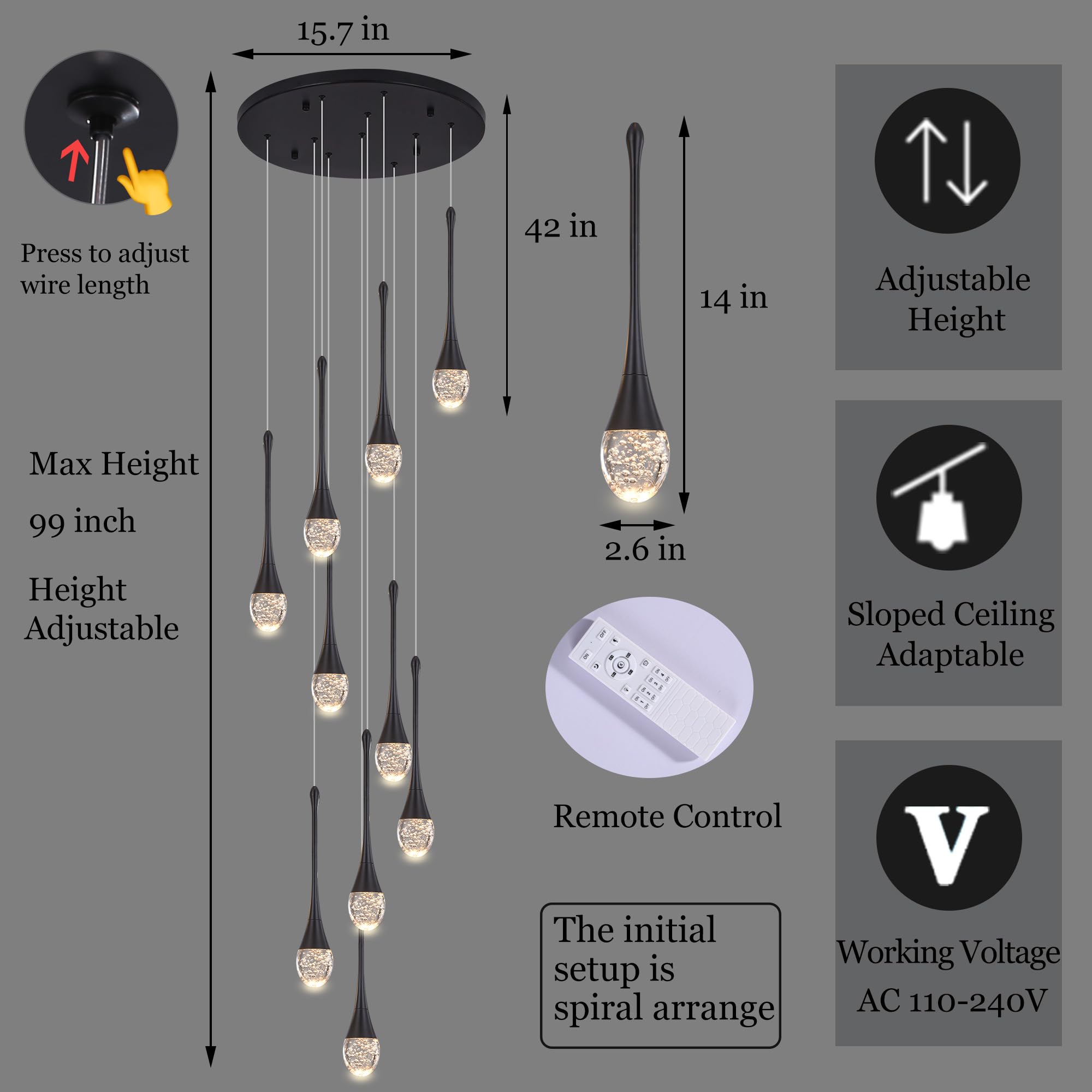 Upfelw Modern Crystal Chandelier, 10-Lights, Black, Dimmable LED, H98.5'' High Ceiling, Model UCC-B10-0436, for Foyer &