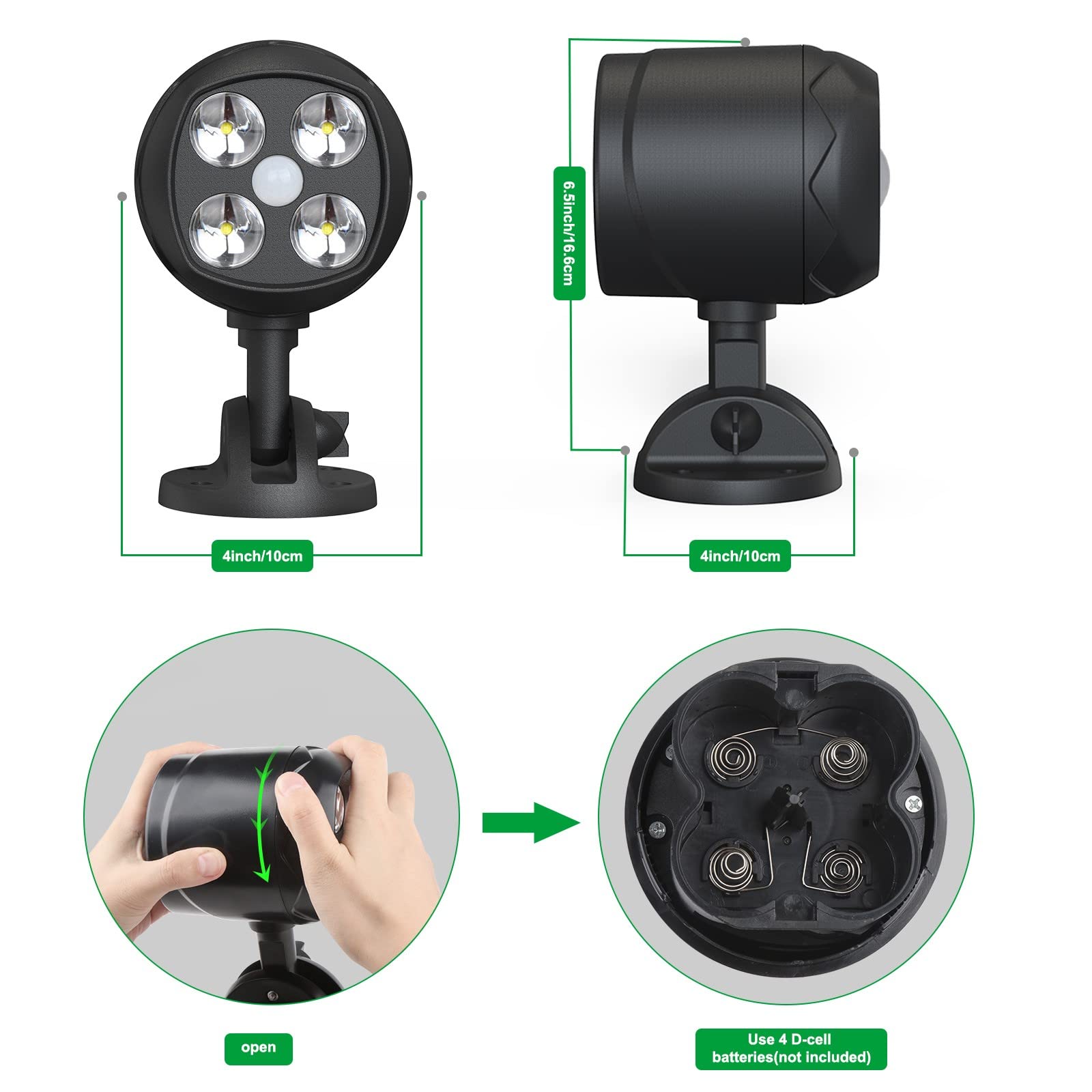 Quiltered 600Lm Battery Operated Motion Sensor Outdoor Lights, Black, 1 Pack, 6000K Led