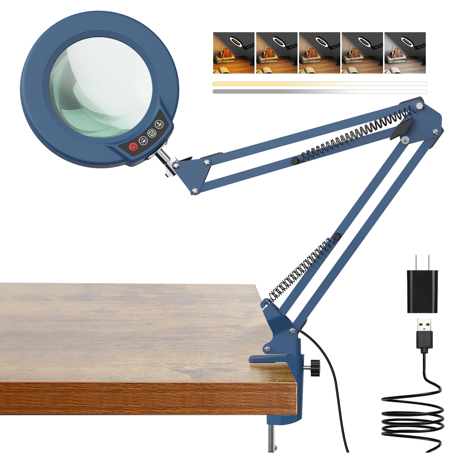 10X Magnifying Glass with Light and Clamp  Real Glass Stand Lighted Magnifier  5 Color Modes Stepless Dimmable LED Desk Lamp Hands Free for Crafts Hobby Reading Discomfortting Sewing Close Work - Blue