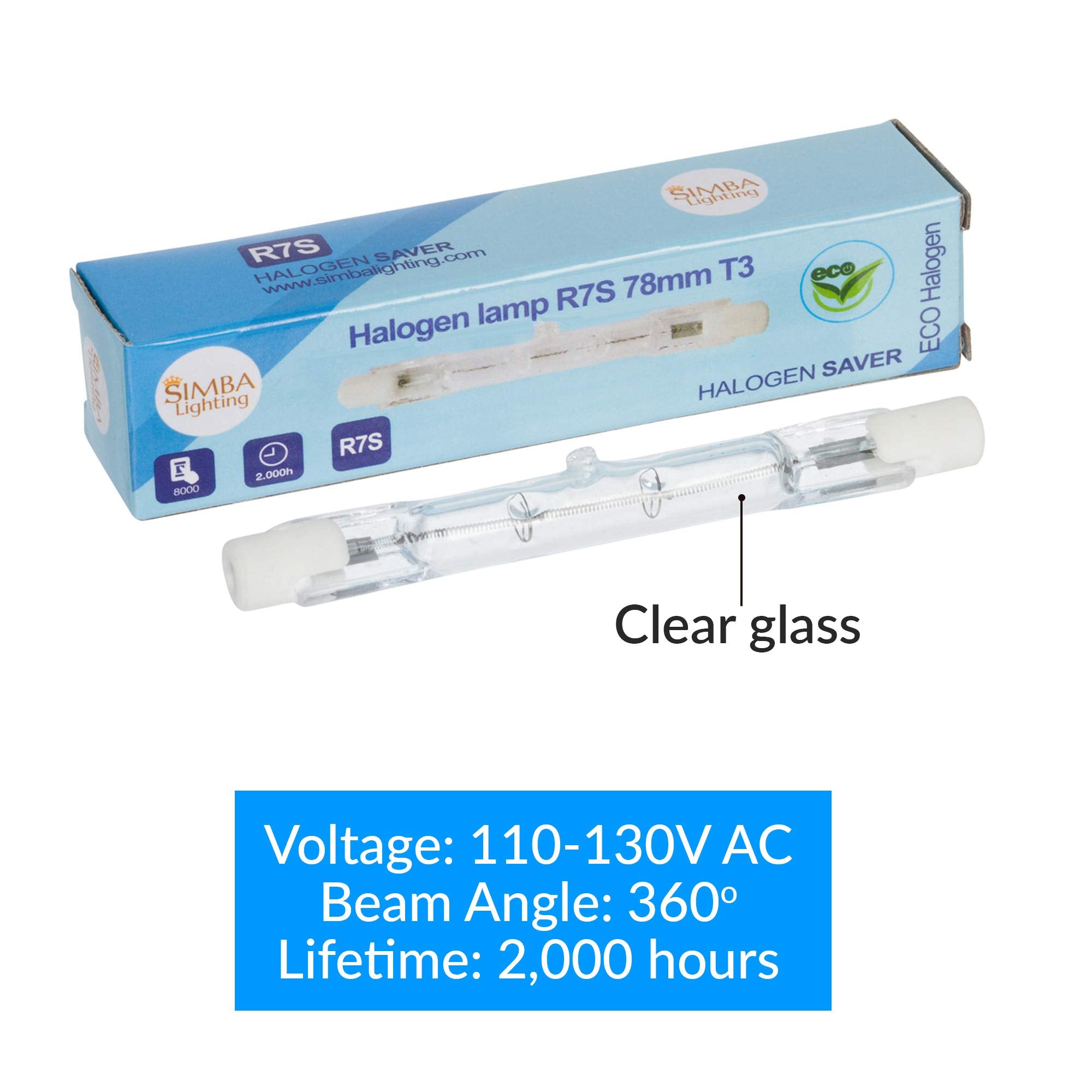 Simba Lighting Halogen R7S 100W Dimmable Bulbs, 5 Pack, 2700K Warm White, Glass, 78mm T3, 360º Beam Angle