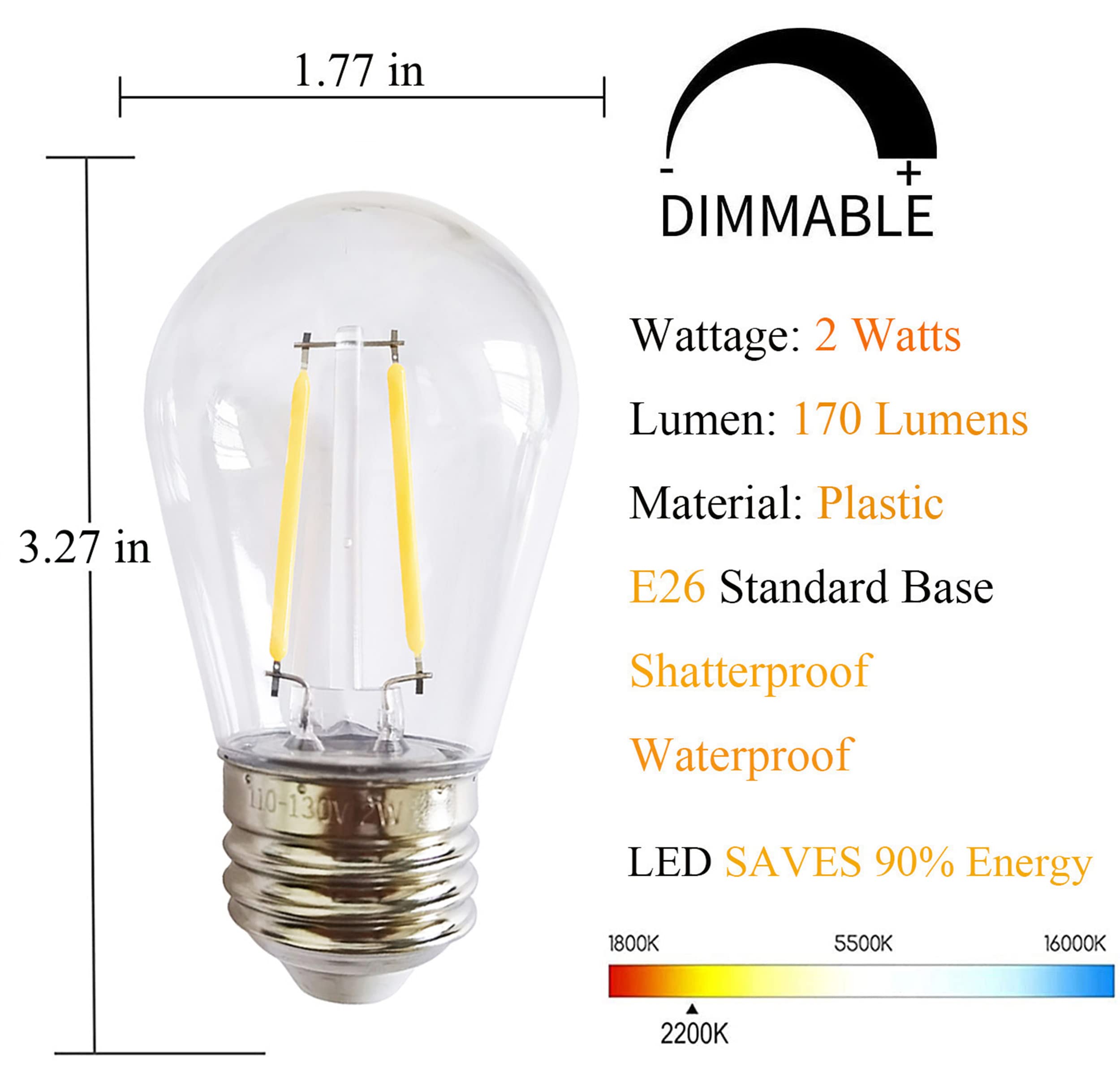 Rolay S14 Clear String Light Bulbs, 2W Plastic Led Replacement Bulbs For Outdoor Patio String Lights With E26 Base, Pack Of 16