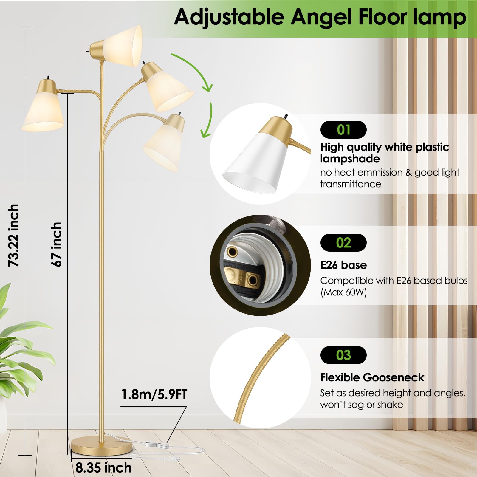 Coucrek Adjustable Gold Floor Lamp with White Shade - Gooseneck Reading Light for Living Room, Model F122