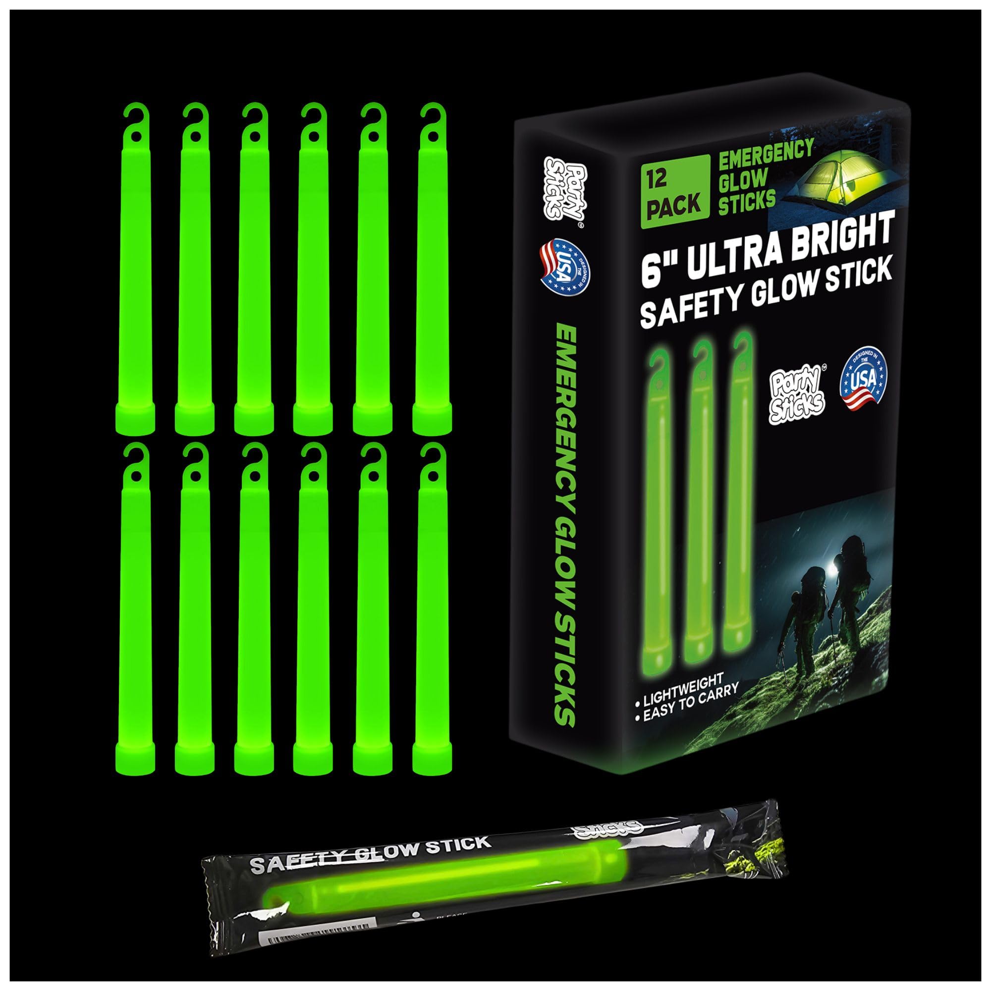 PartySticks Glow Sticks - 12 Ultra Bright Green Chem Lights - 12 Hour Tactical Light Sticks for Camping & Power Outages