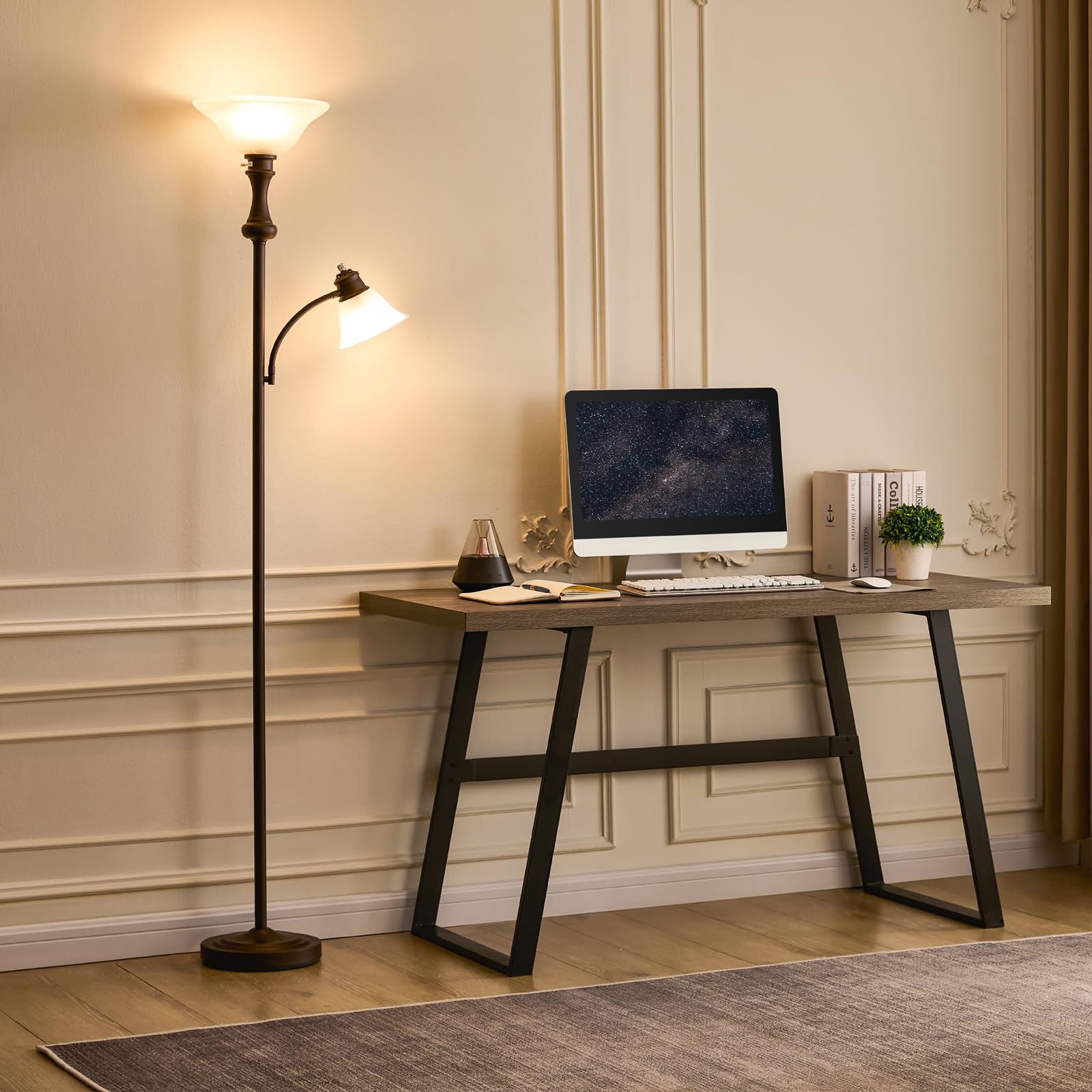 Leasgy 71 Torchiere Floor Lamp For Bedroom With Glass Shade  Tall Floor Lamps For Living Room With Adjustable Angle Arc Reading Light  Modern Standing Light  Knob Switch  Bulb Included  Red Brown