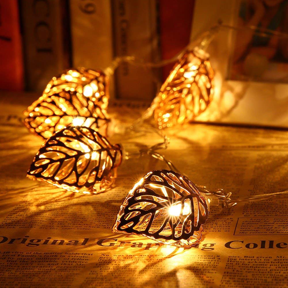 PESCA Golden Metal Leaf String Lights for Indoor Outdoor Decoration Diwali Light for Party Birthday Diwali Christmas Navratri Va