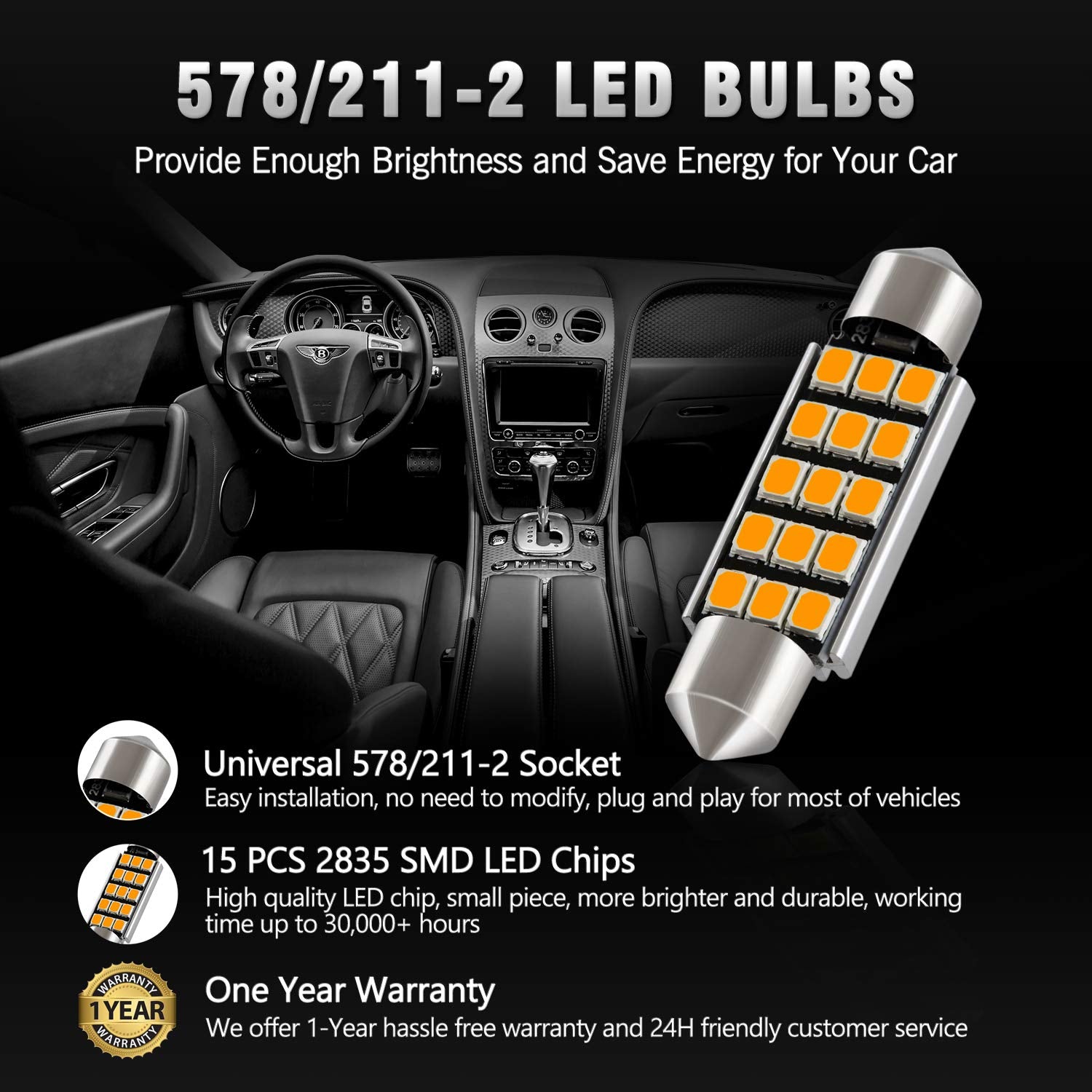 Brishine 578 211-2 Led Bulbs, Super Bright Amber Yellow 2835 Chipsets Canbus Error Free 41Mm 42 Mm 1.72    Festoon 212-2 569 Led
