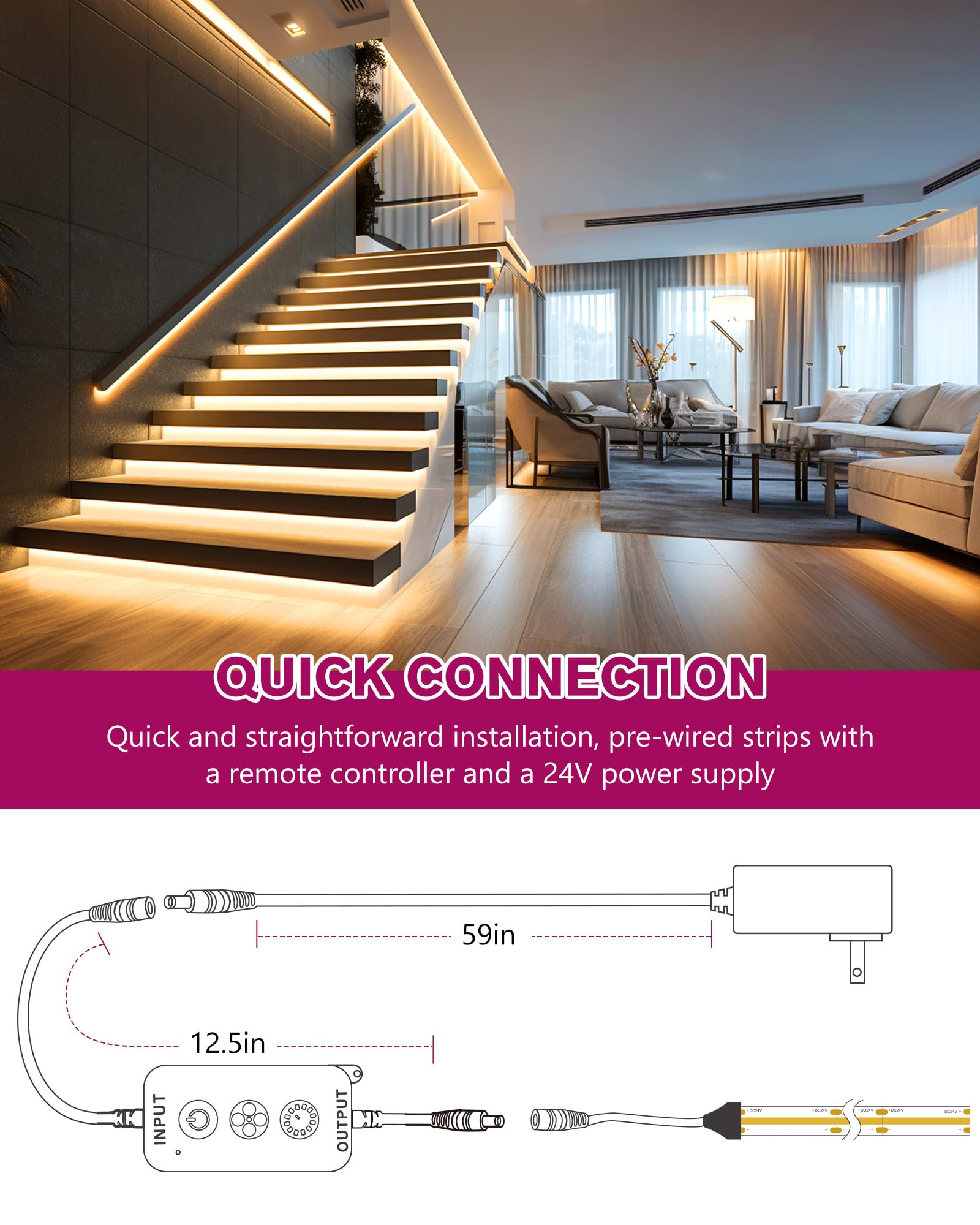 Emitever Cob Led Strip Lights Kit Warm White With Remote & 24V Power Supply,16.4Ft Dimmable Tape Light 3000K, High Density 2400L