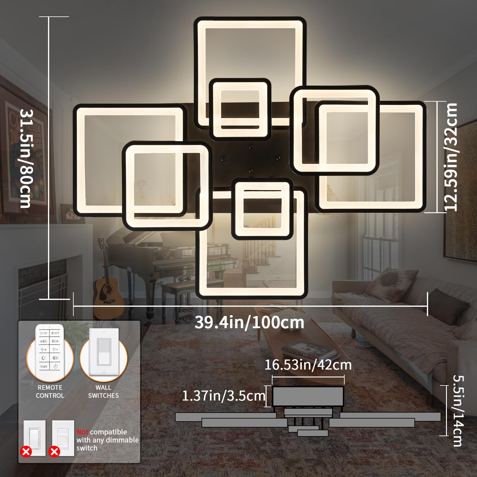 Shine Luest Modern Led Ceiling Light, Dimmable Led Chandelier Black Flush Mount Ceiling Lights, Remote Control Acrylic Ring Ceil