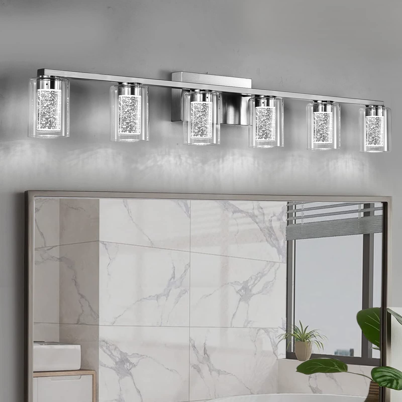SADENICEL 6-Light LED Vanity Light Fixtures, Brushed Nickel, Metal, Model YC-B90-042-20-SB, for Bathroom, Bedroom, Living Room