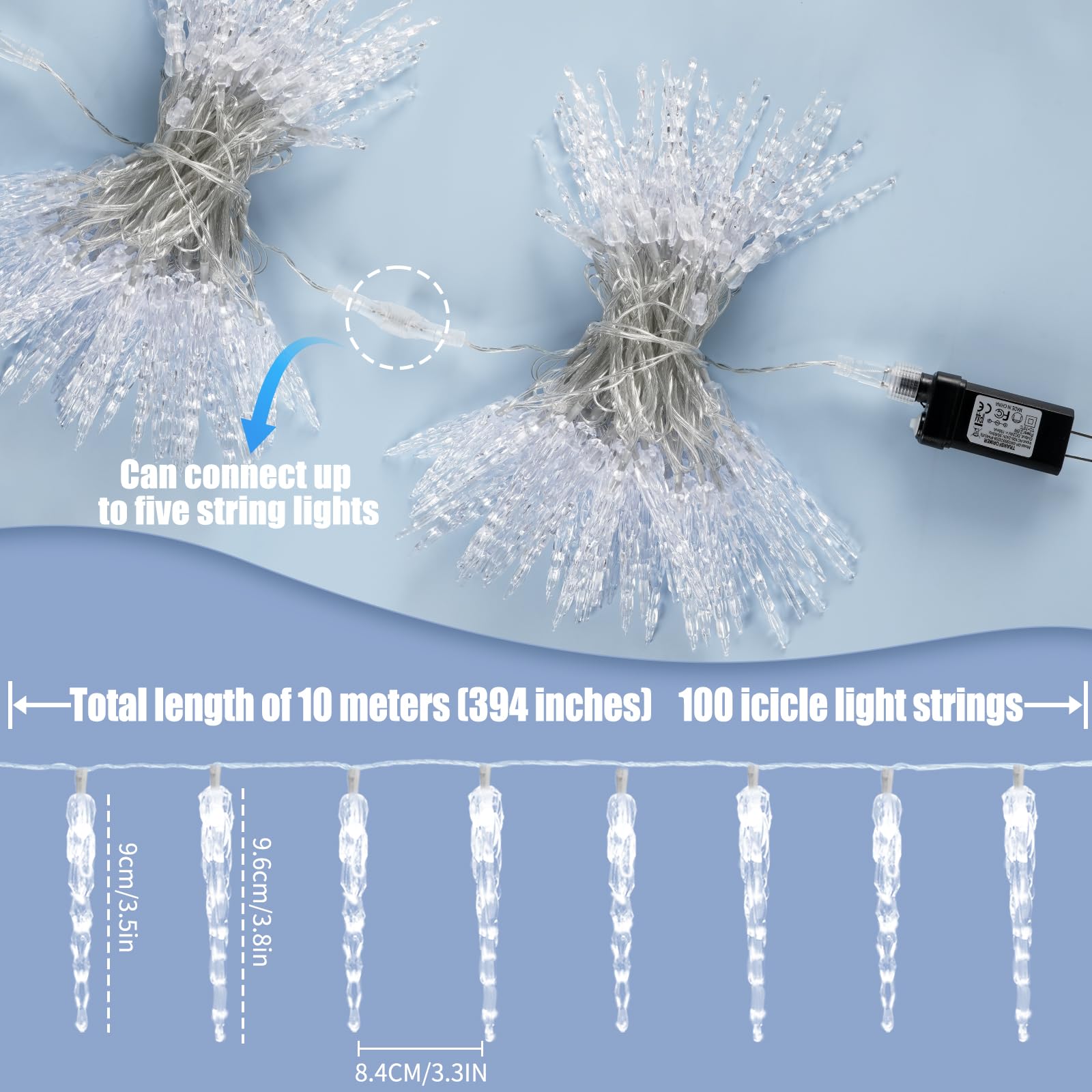 GRADESIN Christmas Icicle Lights, 100 LED Cool White, 32.8ft Indoor Outdoor Decorations