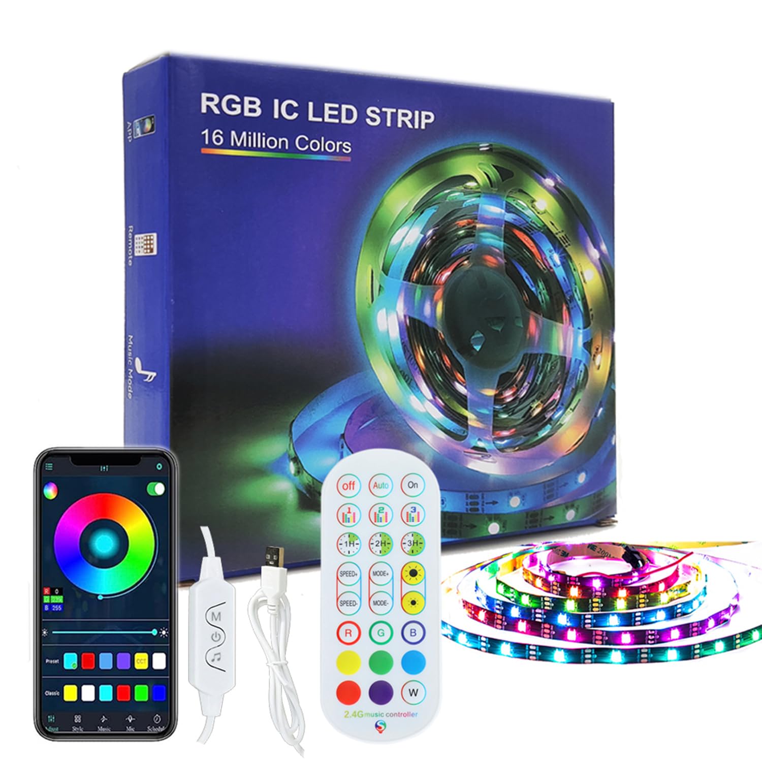 ADRESUNO WS2811 IC RGB LED Strip Light 16.4FT 30Pixels/m Bluetooth Control Black PCB