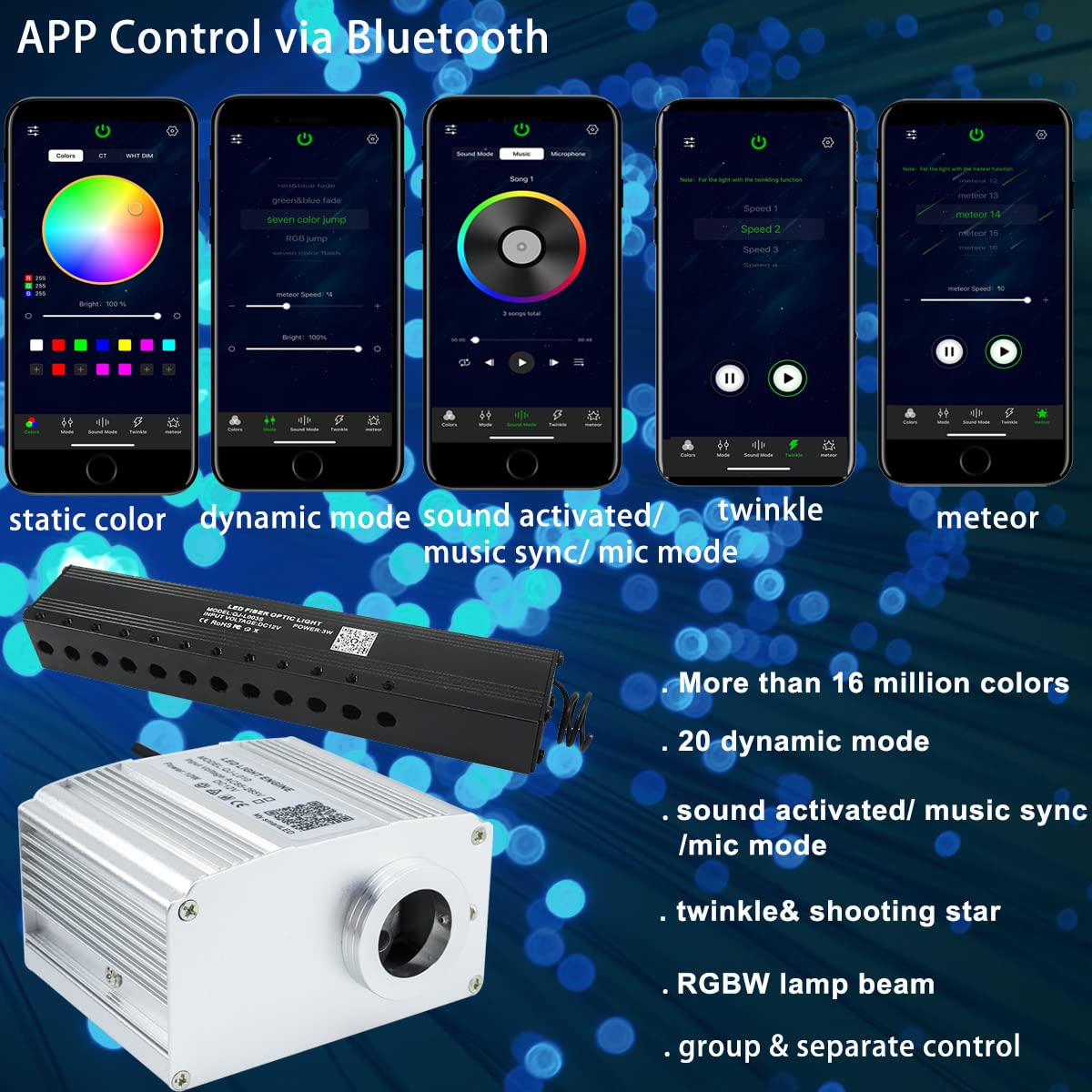 Azimom 10W Rgbw Twinkle 550Pcs 0.03In 13.1Ft Fiber Optic Starlight Lights+Pure White Meteor Shooting Star Sound Activated End Gl