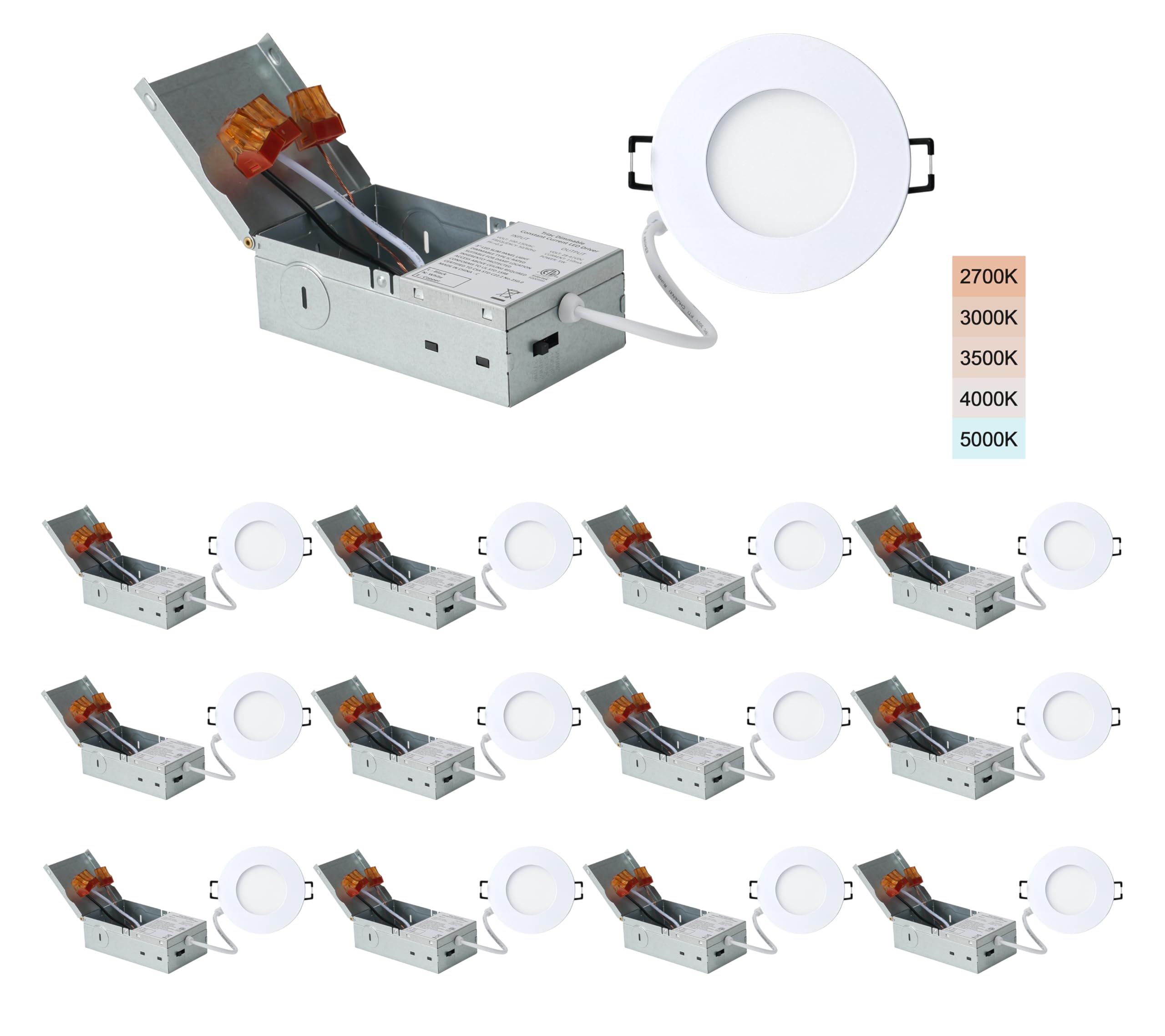 POPANU 3-inch LED Recessed Lights - Slim Recessed Ceiling Light with Junction Box, 5W 5CCT Selectable Canless Lighting fixture, 