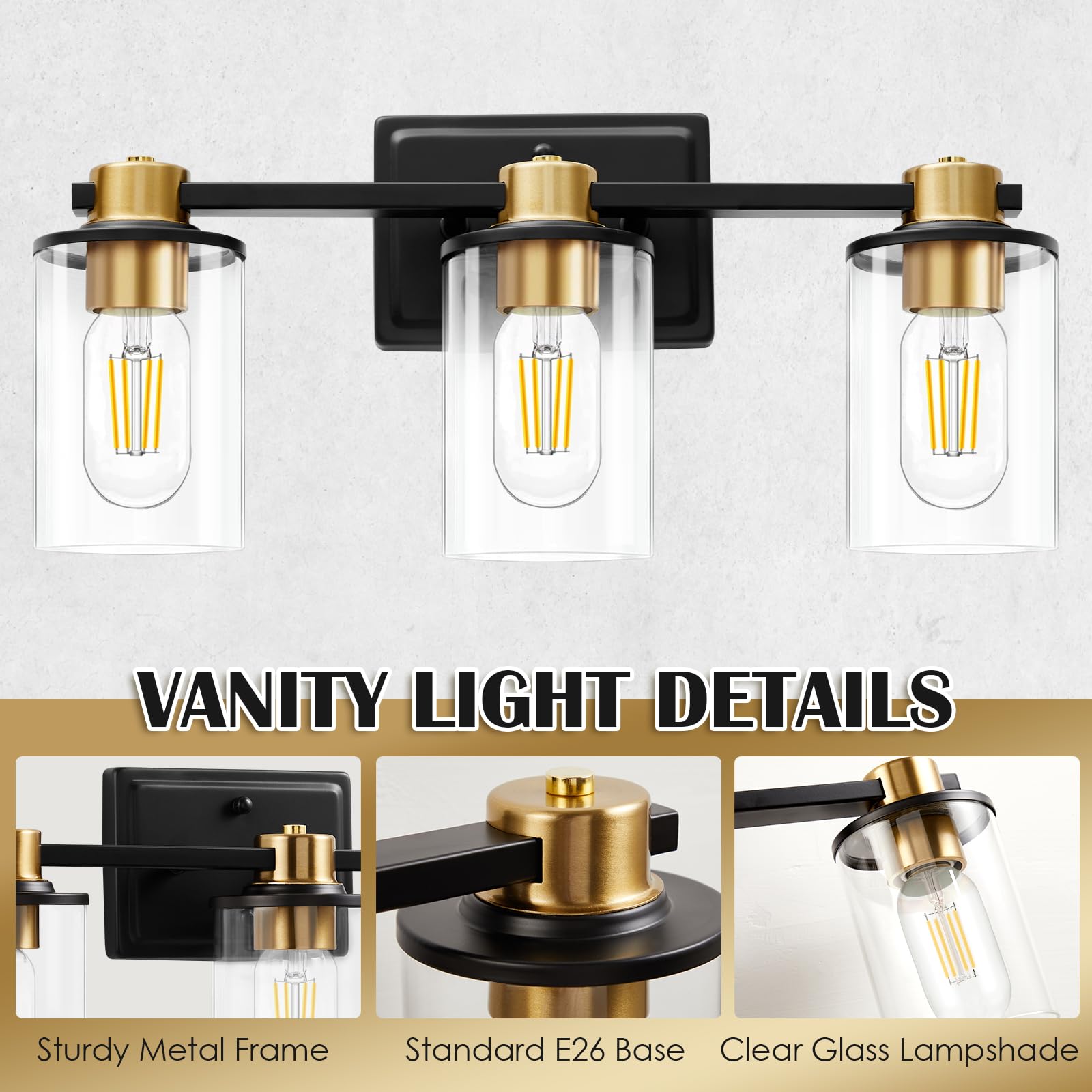 SANGFOR Bathroom Light Fixtures, Vanity Lights with 3 E26 Sockets, Brushed Gold & Black, Model 1, Glass Shades
