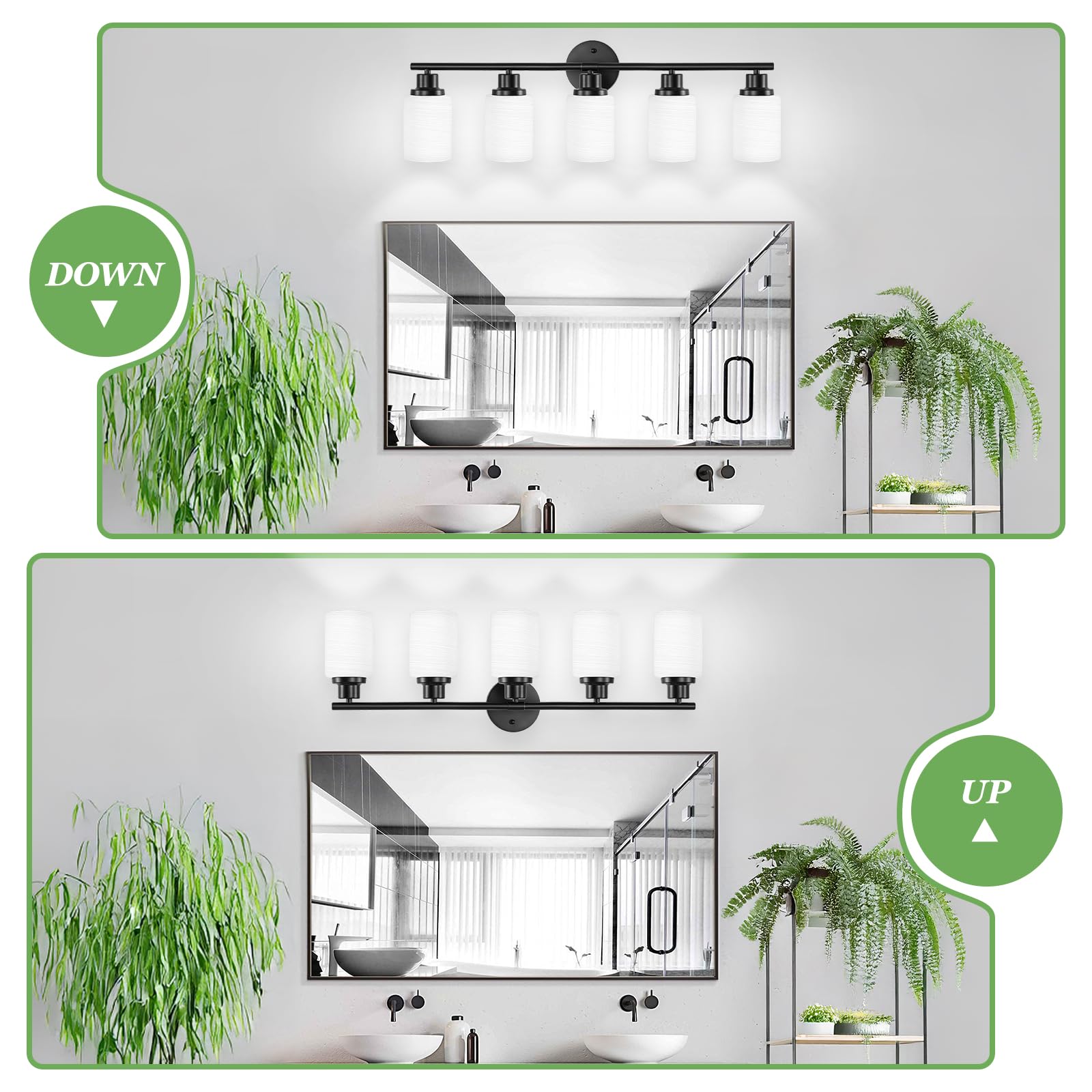 Guliaofo 5-Light Black Bathroom Vanity Light, Frosted Glass Shades, Metal, Model Gu-111-LWNBH-5