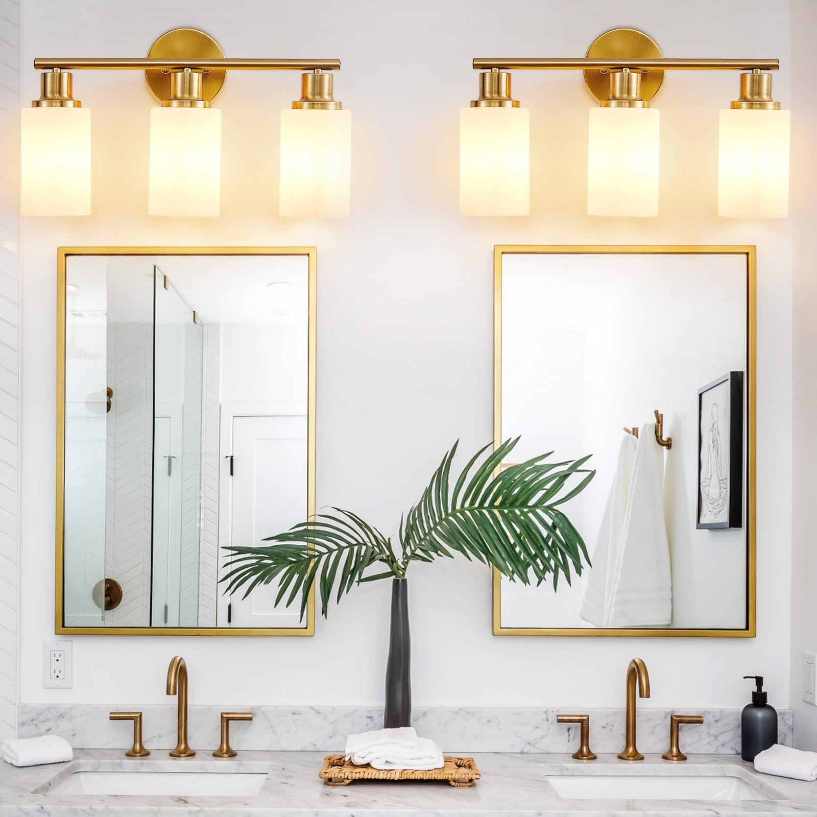 DINGLILIGHTING DLLT 3-Light Bathroom Light Fixtures, Gold Vanity Lights, Milky White Glass Shade, Brushed Gold, Model DLLT-3L-MWBG