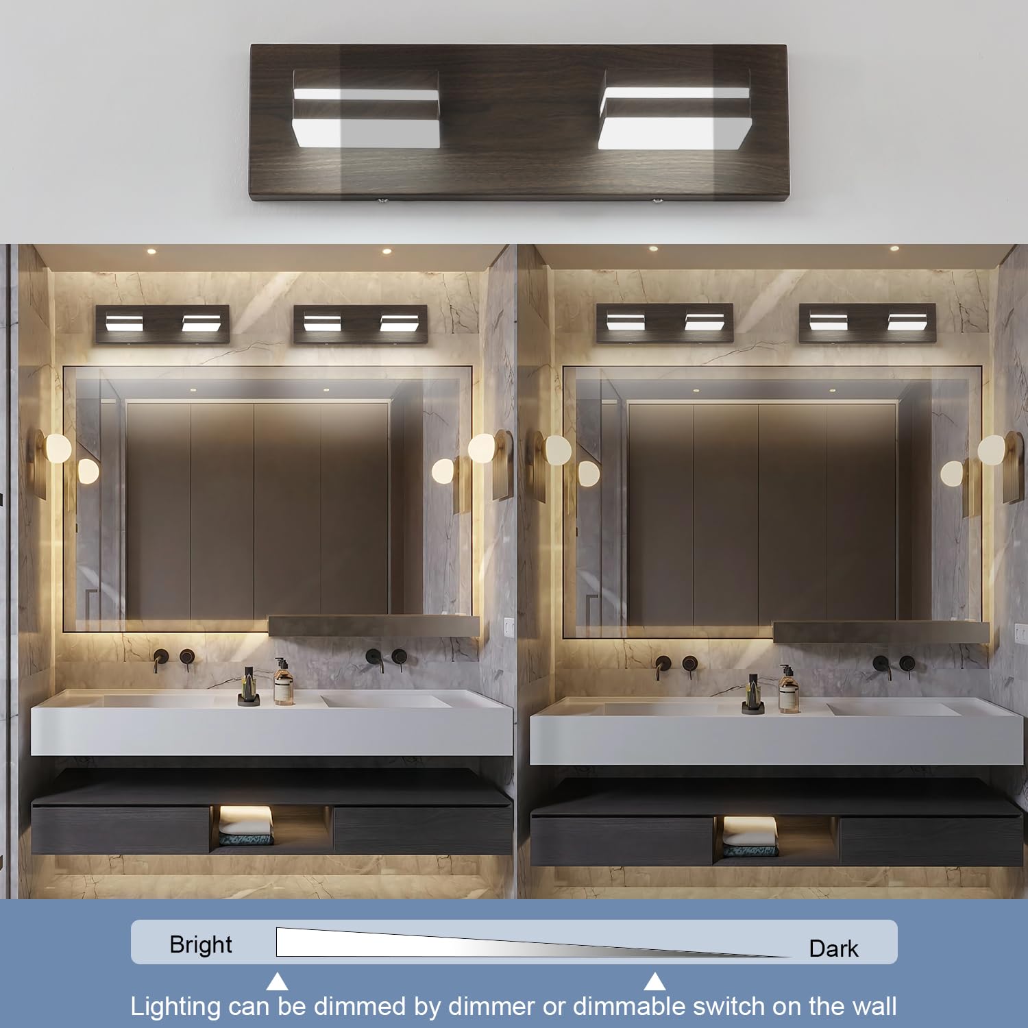 Sinerise Led Modern Bathroom Vanity Light Fixtures (2-Light, 15.5-Inch, Dimmable), Brown Wood Painted Modern Acrylic Bathroom Wa