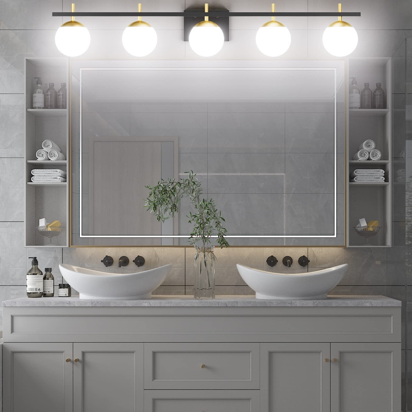 Ralbay Mid Century Modern Vanity Light Fixture 5 Light Milky Glass Globe Modern Bathroom Light Fixture Over Mirror, Black/Golden