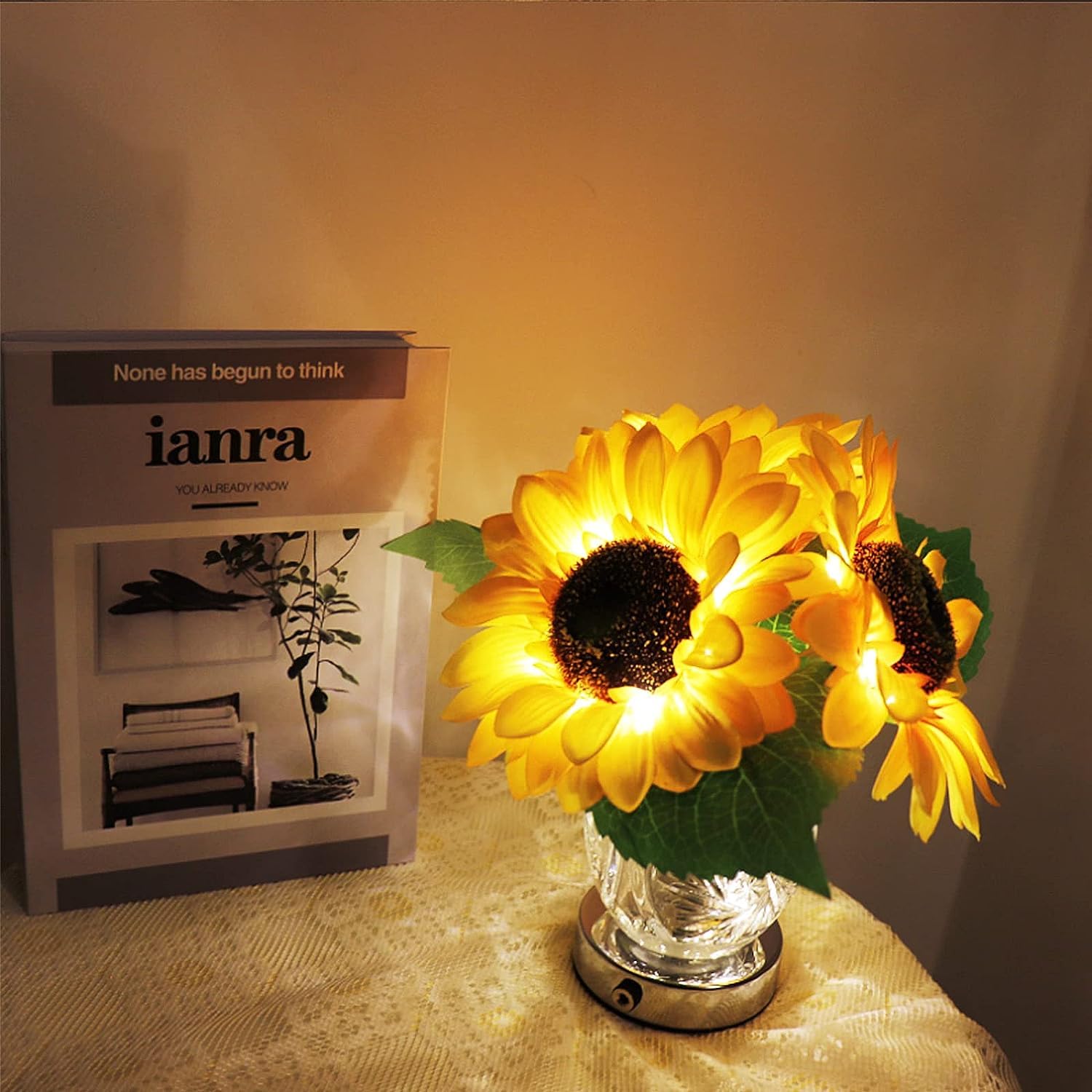 Sunflower Table Lamp, Led Artificial Plants Flower With Glass Vase Night Light Usb Rechargeable Touch Stepless Dimmable Desk Lam