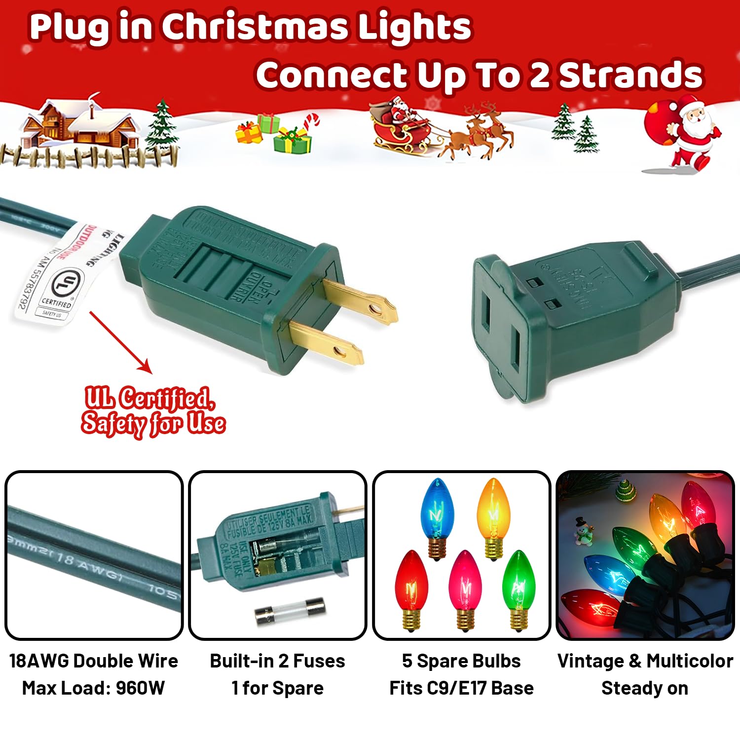 50Ft C9 Christmas Lights Outdoor Vintage Multi-Colored Christmas Lights 50 Count + 5 Spare Bulbs  Old Fashioned Colored C9 String Lights For Outdoor Holiday Xmas Trees House Roof Porch Yard Decor  7W