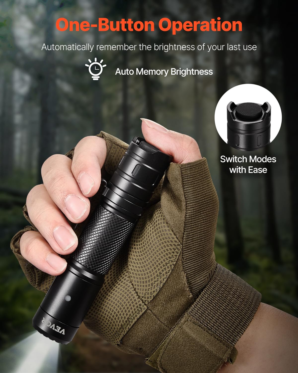 VEVOR Rechargeable Flashlight, LED, 6 Lighting Modes, IP66 Waterproof, Lightweight, Portable, Black, Model C3