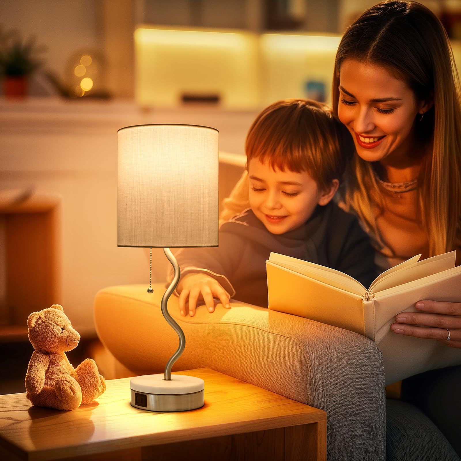 Velxee Marble Base Table Lamp - Modern Bedside Lamp With Usb Port & Pull Chain, Lamp For Bedroom, Living Room, Or Office - Elega