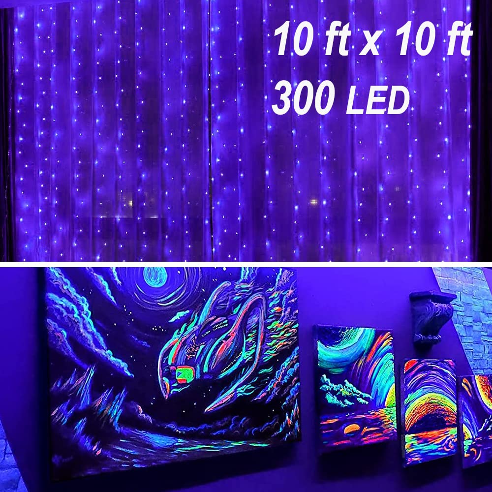 Solhice Black Light Curtain String Lights, 10ft x 10ft, 306 LEDs, Remote Control, Fluorescent Indoor Décor, Model STS-F5-300