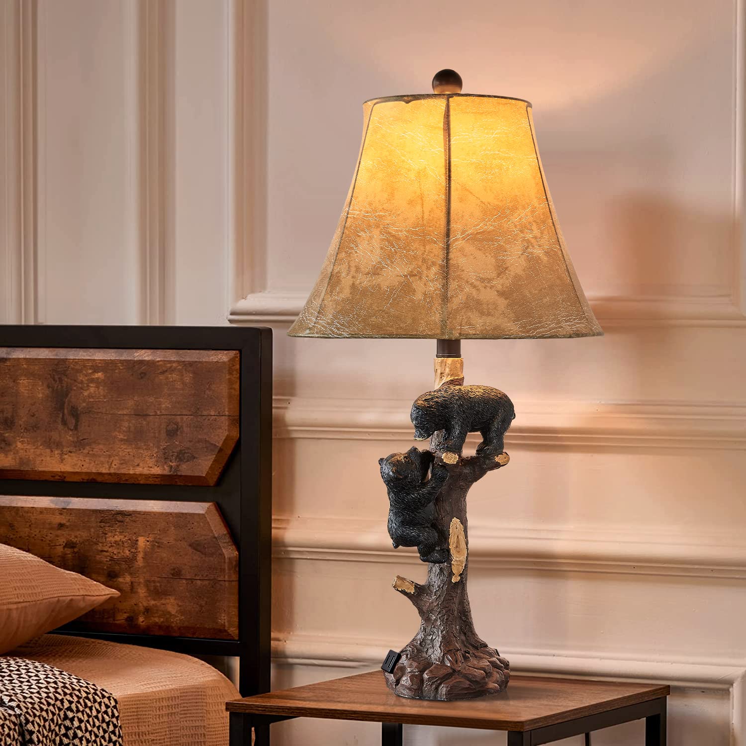 LOKHOM 26 Rustic Climbing Bears Table Lamp Set of 2 with USB & Type-C Charging Port, Brown - Perfect for Bedroom, Living Room, Office