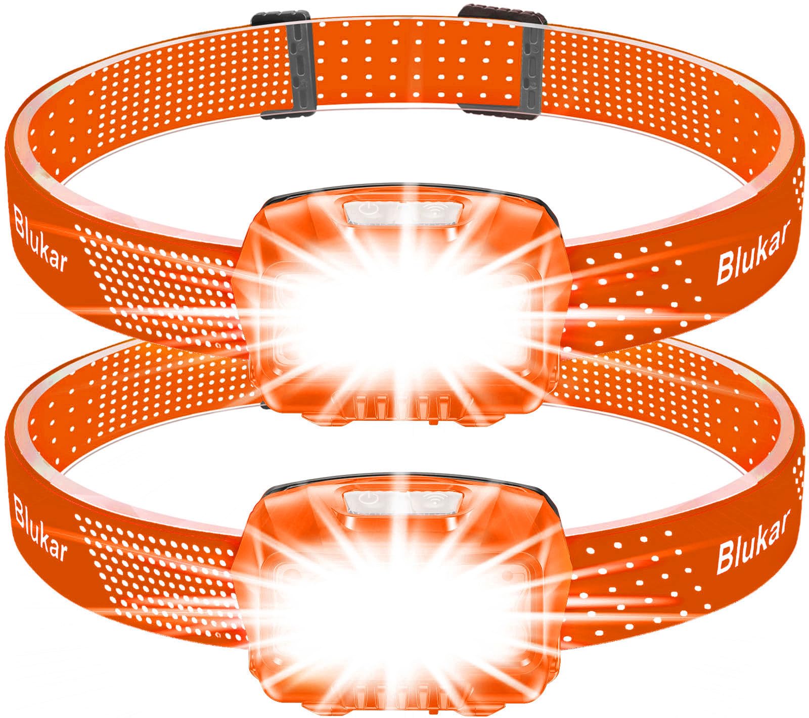 Blukar LED Headlamp, 2000L Rechargeable Flashlight, 8 Modes, IPX5 Waterproof, 2 Pack, Orange, Model K9111