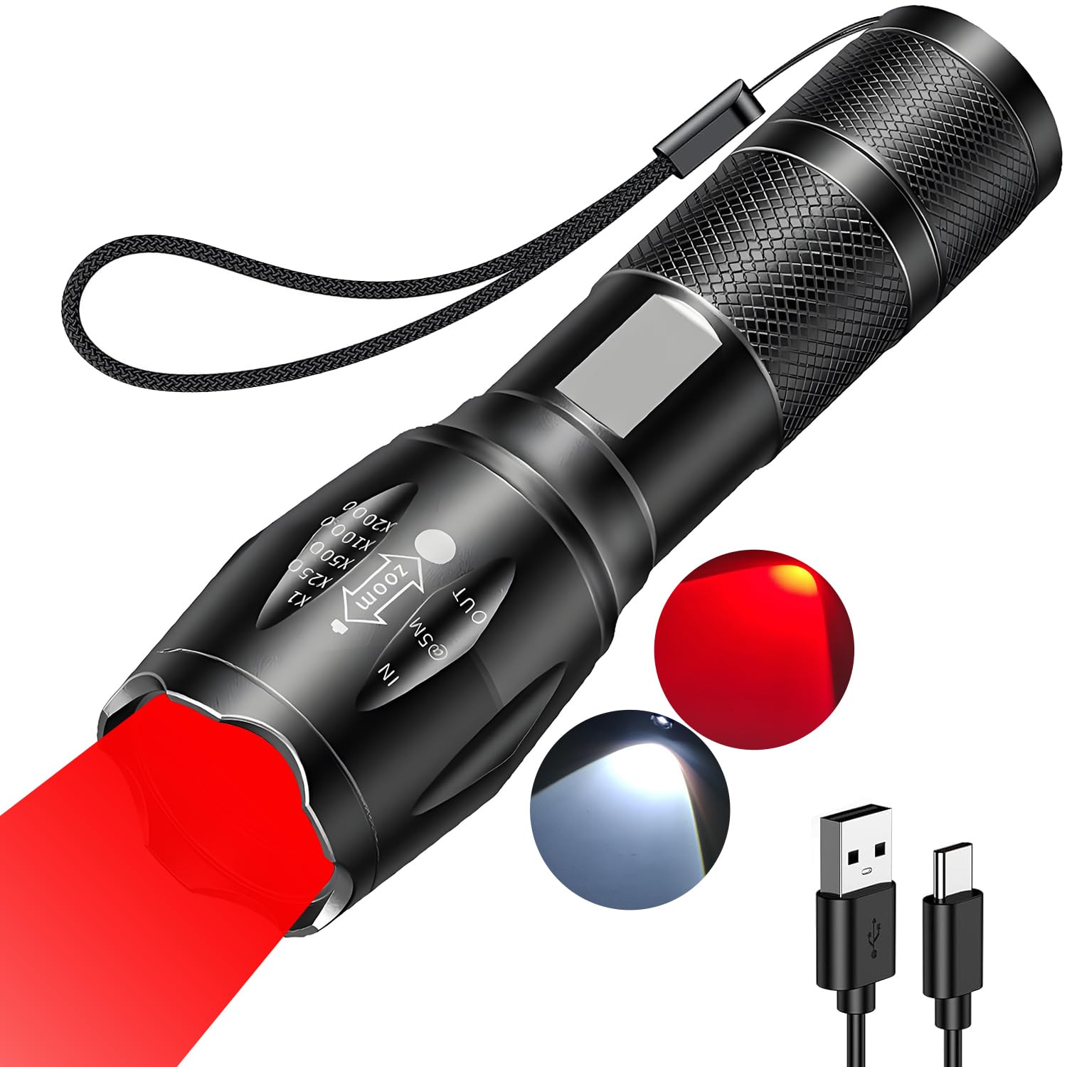 MVIOCS Rechargeable Red Light Flashlight, Red and White LED Combo, 2000 Lumens Zoomable USB-C Flashlight, Compact Water Resistan