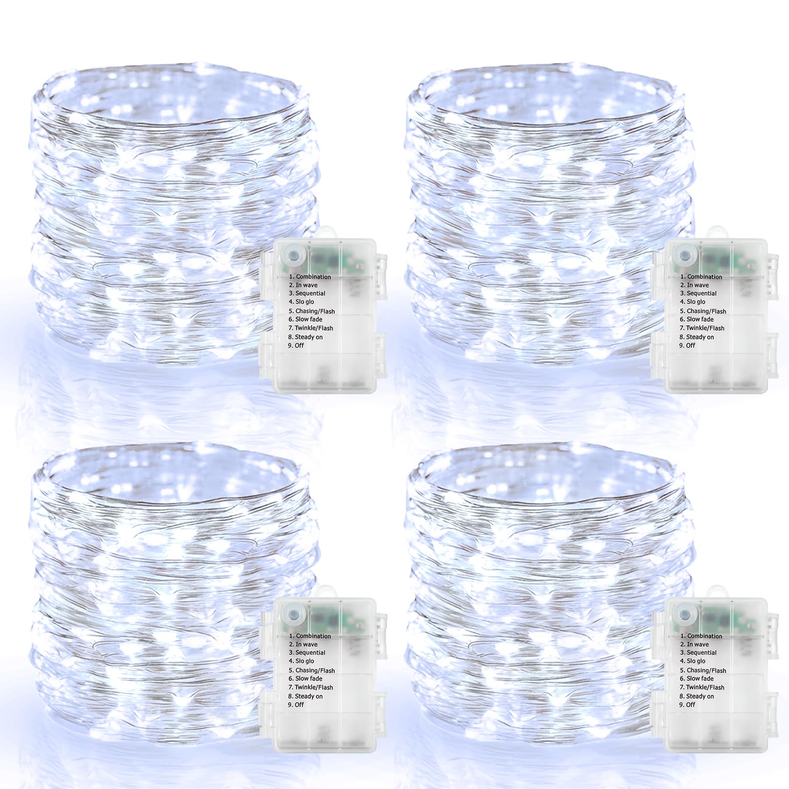 4 Pack Battery Operated Fairy Lights 16.4 Ft 50 LED Christmas Fairy Lights with Auto Timer 8 Modes, Waterproof Silver Wire Batte