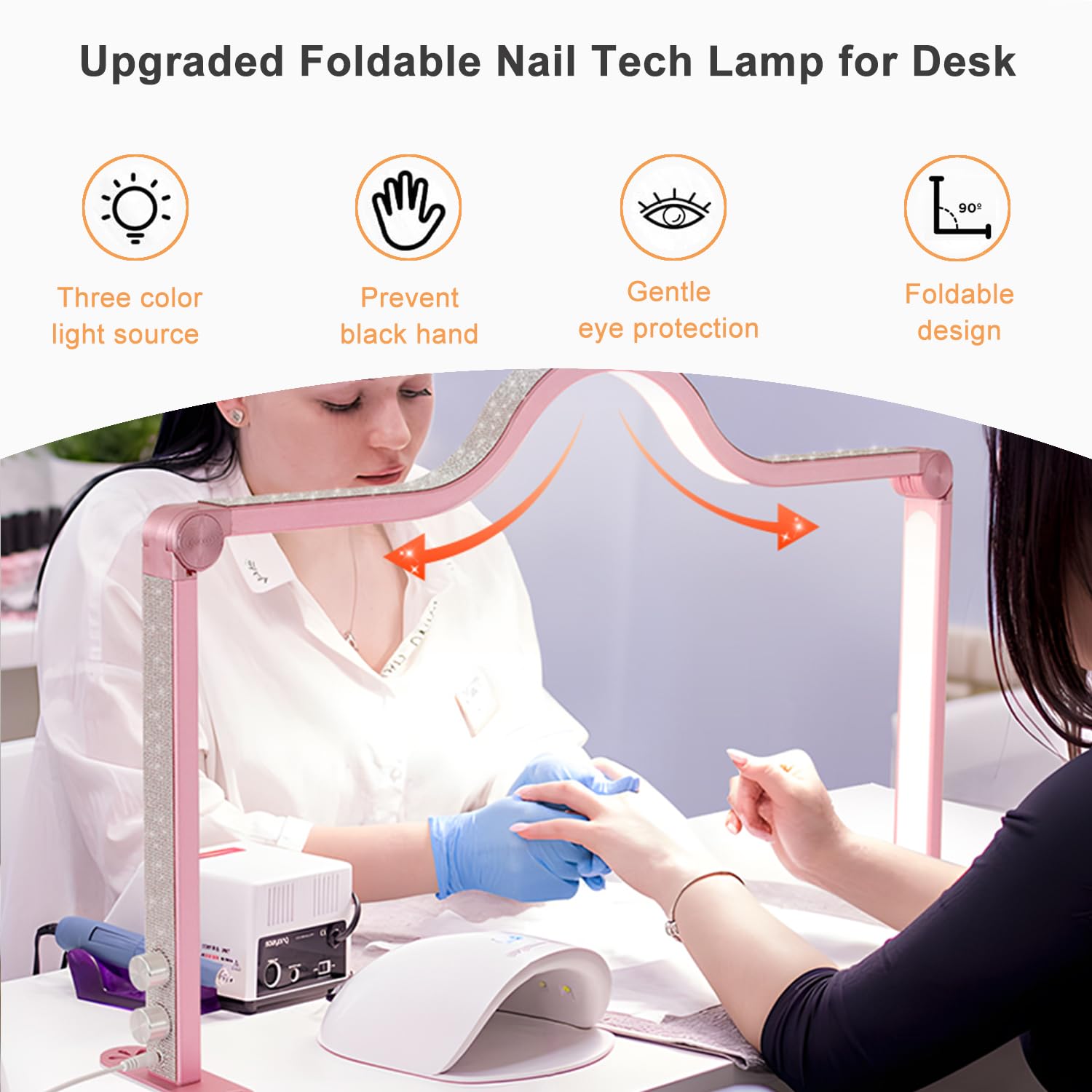 Afatnao Nail Tech Lamp - 34in Foldable LED Manicure Light, Aluminum, Pink, Model TJL-HM, 3 Modes 3000K-6000K