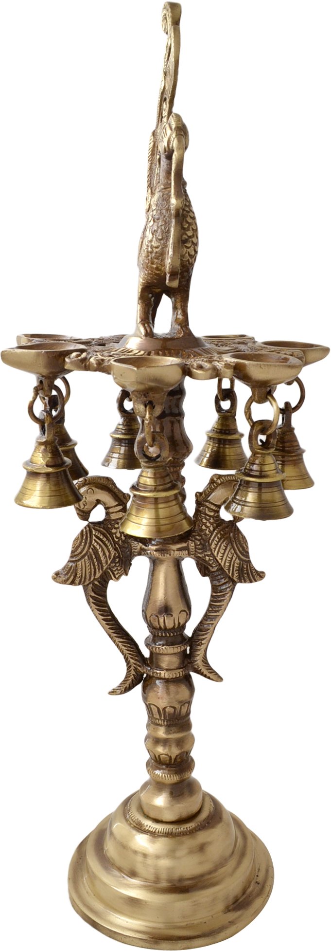 Two Moustaches Brass Peacock Deepak Stand with Bells, Handcrafted Standard Heavy Brass Peacock Stand Diya, Brown; 7 X 7 X 18 Inc